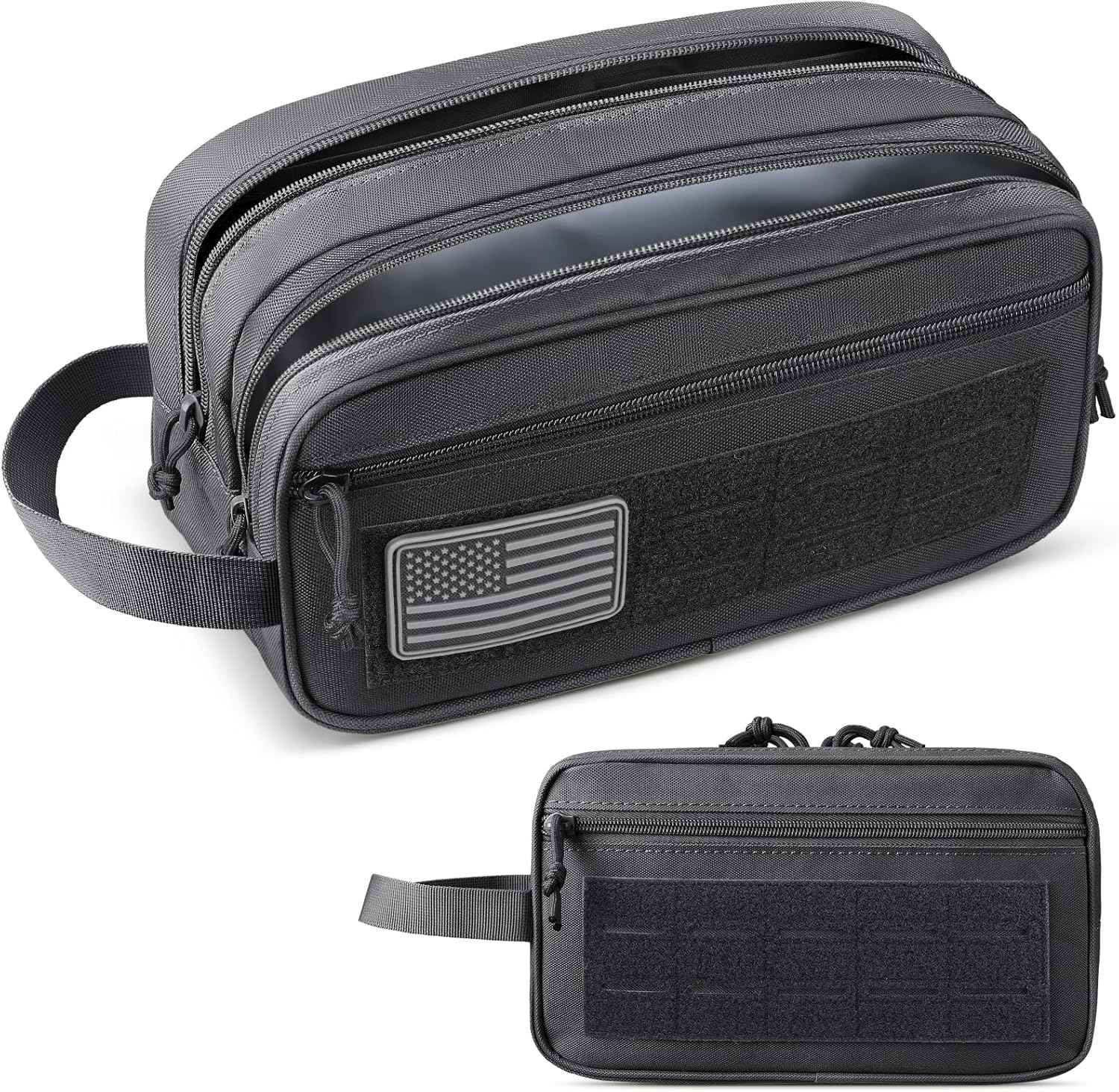 RXW EDC Toiletry Bag for Men, Tactical Dopp Kit, Molle Pouches Compact Travel Organizer for Shaving Shower, Hygiene, Grooming (Includes Dry/Wet Compartment & US Flag Patch)