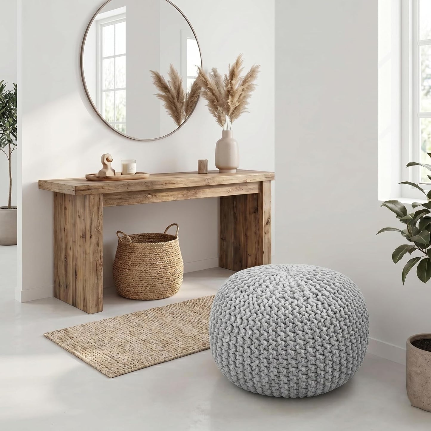 Palisa Grey Pouf Ottoman 20x20x14 Inches | Knitted Round Pouffe for Extra Sitting | Multipurpose Accent Seating for Living Room and Bedroom