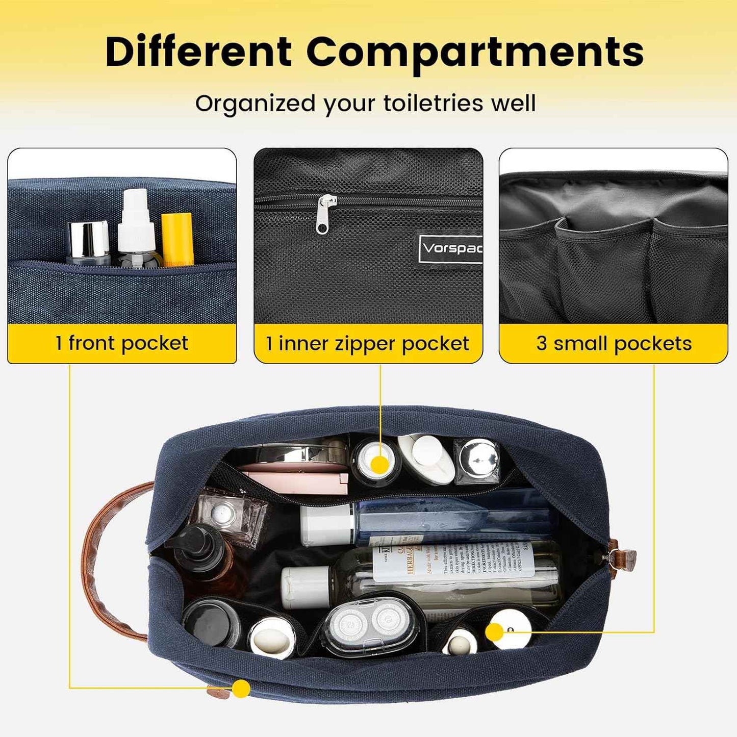 Vorspack Toiletry Bag Hanging Dopp Kit for Men Water Resistant Canvas Shaving Bag with Large Capacity for Travel - Navy Blue