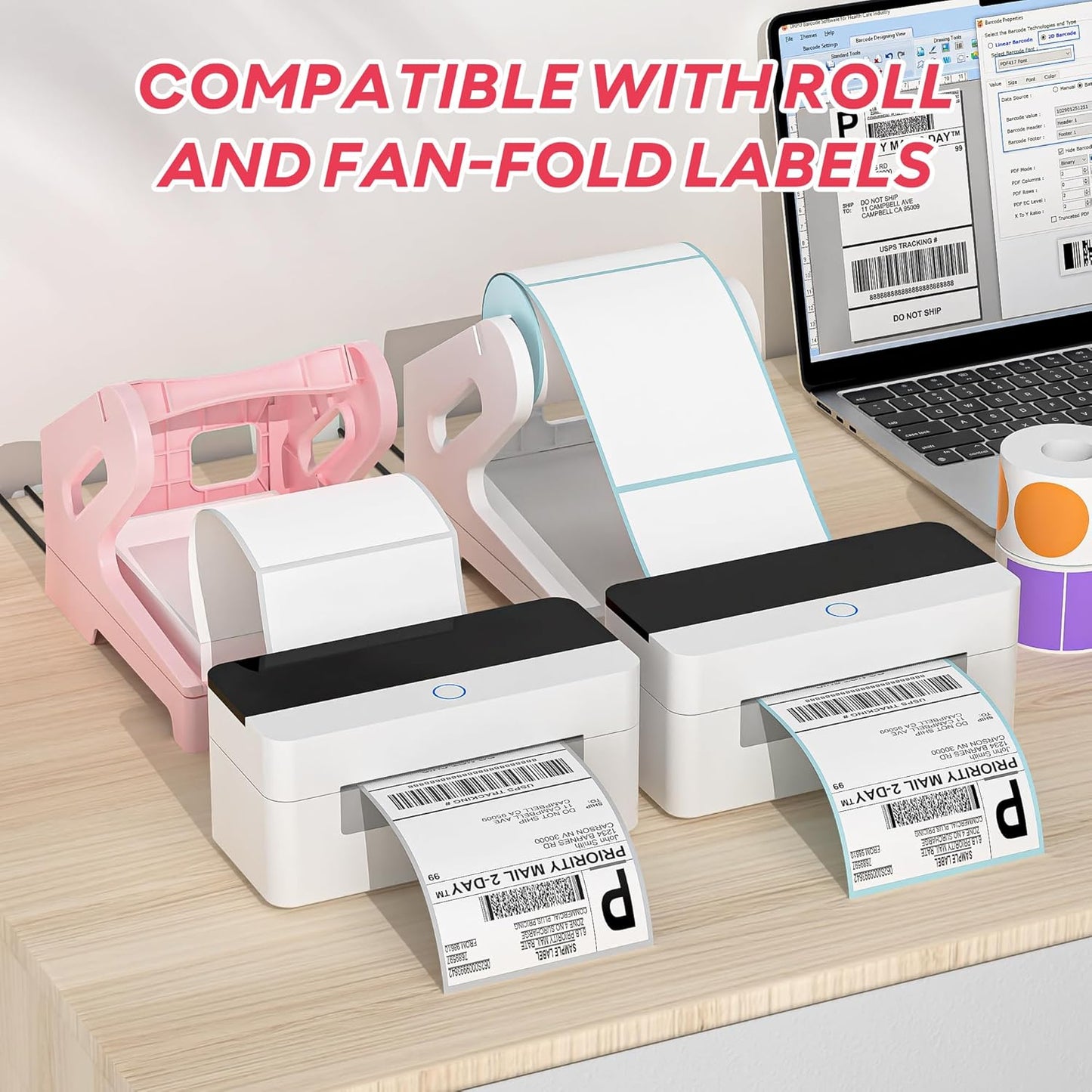PONNOR Label Holder Thermal Label Holder for Rolls and Fanfold Labels Shipping Label Stand Desktop Printer DIY Accessory Supplies for Home, Office (Pink)