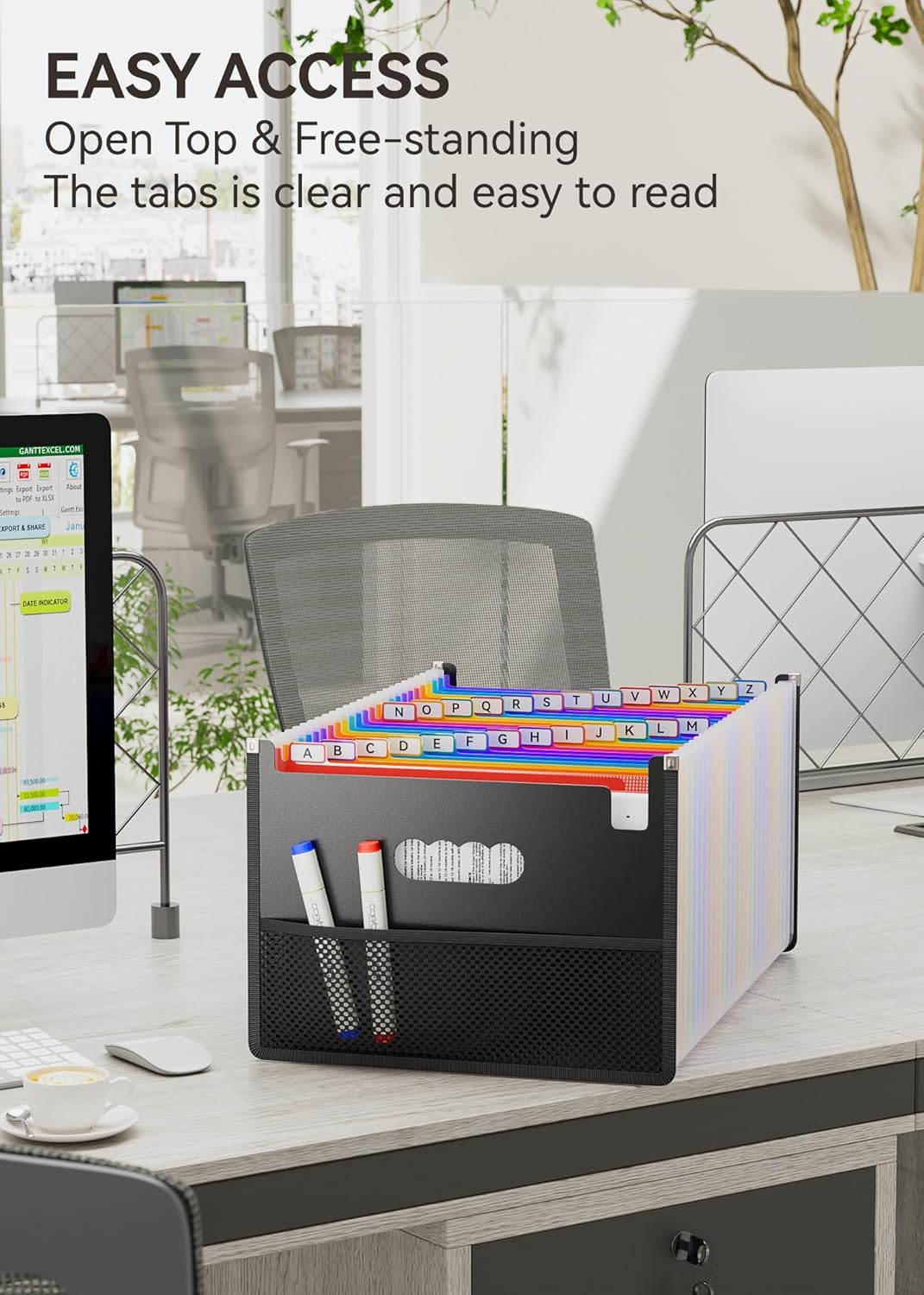 Accordion File Organizer, 26 Pockets File Folders, Upright & Open Top, A-Z Colorful Tabs, Larger Capacity Expanding File Folder, Letter/A4 Size for School, Home and Office - Black