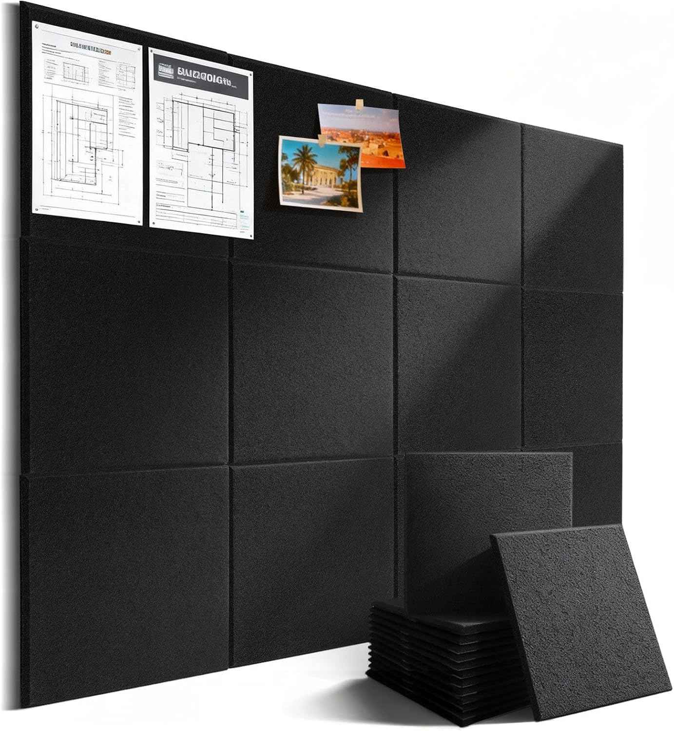 Large Cork Board Alternative 48" x 36", 12 Pack Felt Bulletin Board with 72 Safe Removable Adhesive Tabs, Black Felt Board Pin Boards for Walls Office Home Decor