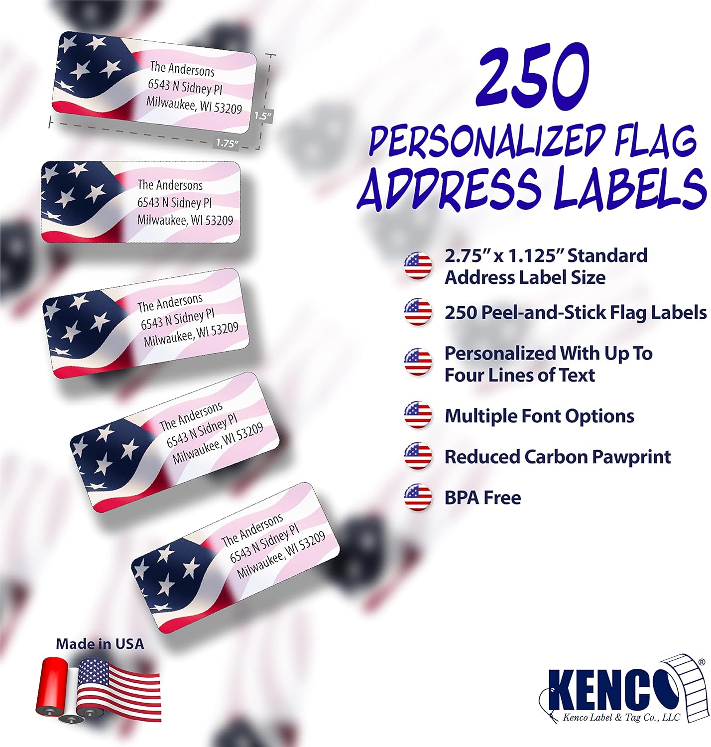 Customized Personalized Address Labels - Made in The USA by Kenco (250 Labels, American Flag) - Lumora Desk