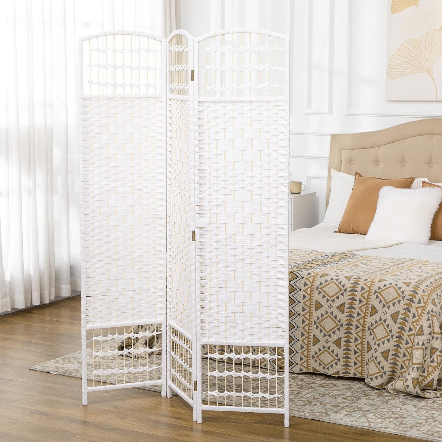 NicBex Room Divider 3 Panel Room Dividers with Woven Paper Design Partition Room Dividers and Folding Privacy Screens 5.6 FT Wall Divider for Office, Room Separation,47.25" W x 0.5" D x 67" H, White - Lumora Desk