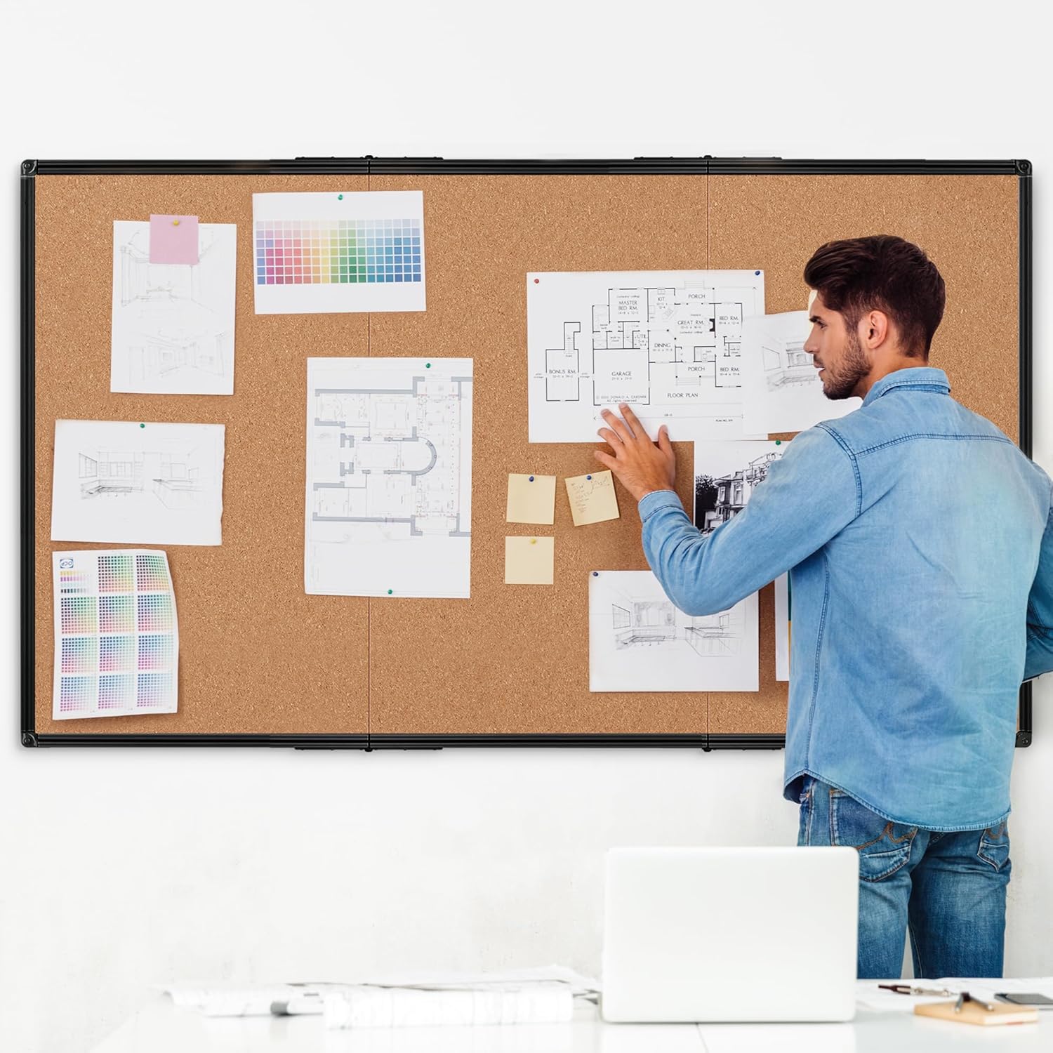 Board2by Extra Large Cork Bulletin Board 96" X 48", Foldable Notice Pin Board for Wall, Black Aluminum Framed 8'x4' Corkboard, Wall Mounted Noticeboard with 36 Push Pins for School, Home & Office - Lumora Desk