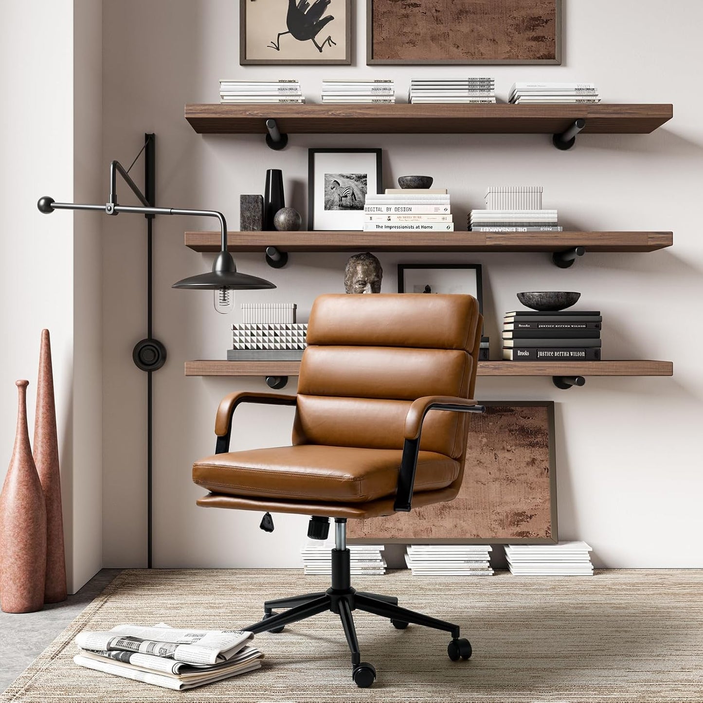 HULALA HOME Modern Faux Leather Home Office Chair with Tilt Lock & Metal Base, Desk Chair with Wheels & Padded Cushion, 360° Swivel Wide Seat Computer Task Chair, Camel