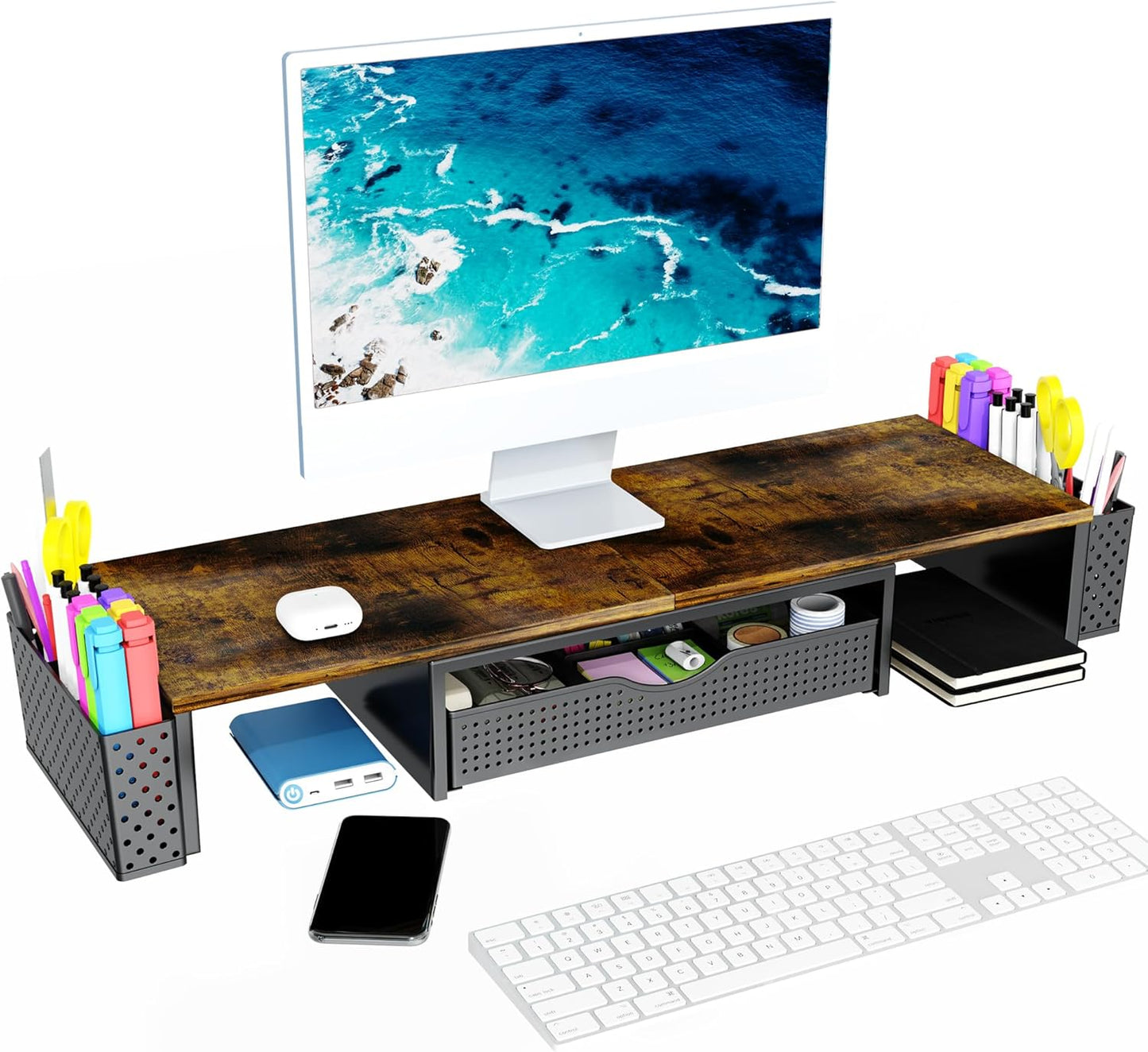 Spacrea Metal Desk Organizers and Accessories, Dual Monitor Stand Riser with Drawer and 2 Pen Holders, Desk Accessories & Workspace Desktop Organizers for Office Supplies (Wood)