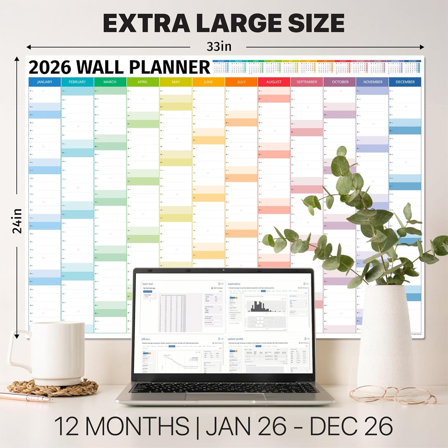 Wall Planner 2026 - Extra Large 33” x 24” Color Full Year Wall Calendar - 12 Month Planner 2026 Yearly Planner Wall Calendar Personalized Calendar 2026 - Columns Edition