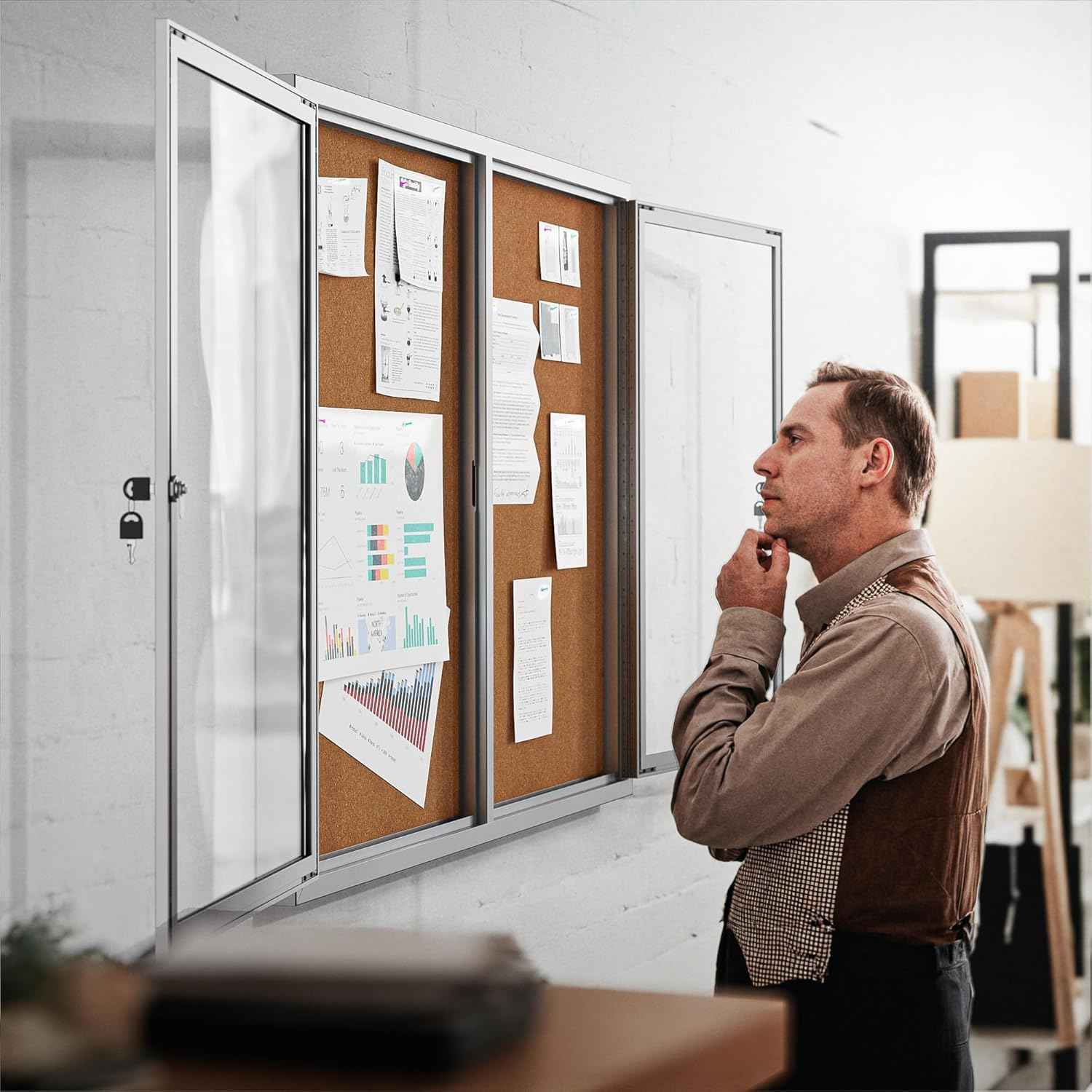 48"x36" Lockable Enclosed Bulletin Board, Outdoor Cork Weather-Resistant Aluminum Frame Notice Board, Wall Mounted Display Case Acrylic Doors for School,Office,Silver Frame w/Cork