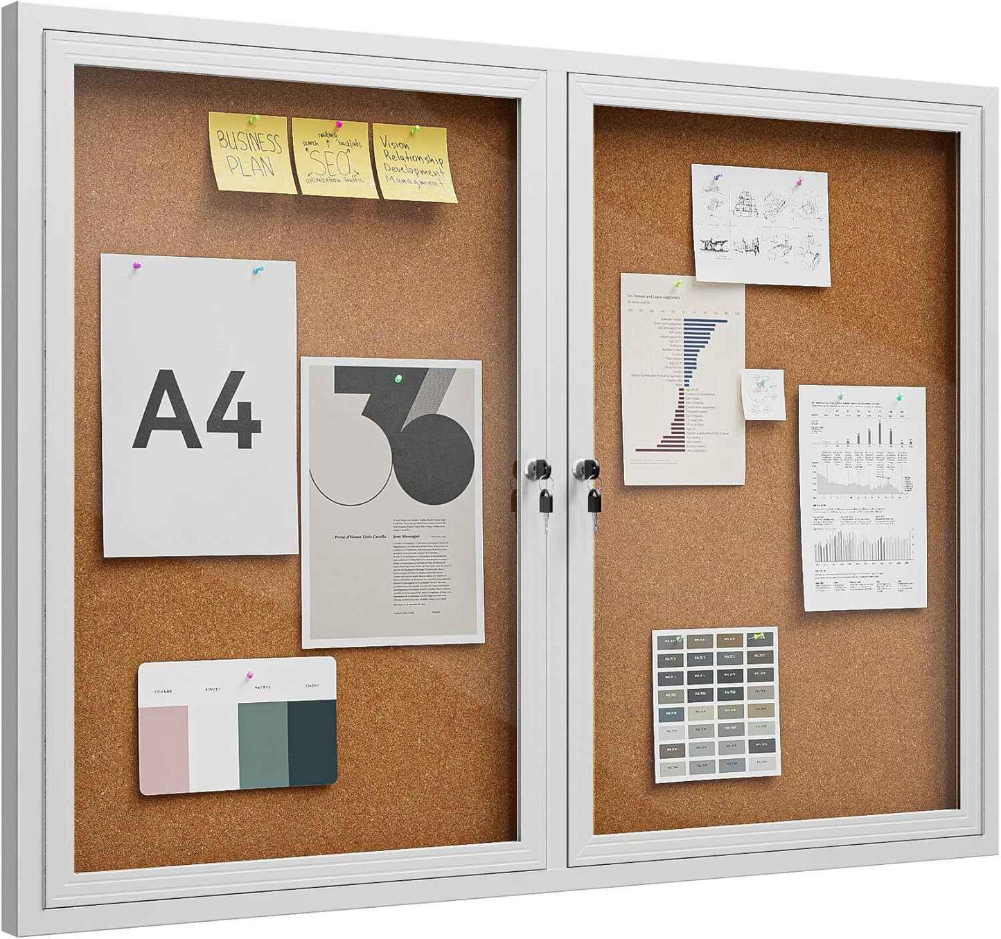 48"x36" Lockable Enclosed Bulletin Board, Outdoor Cork Weather-Resistant Aluminum Frame Notice Board, Wall Mounted Display Case Acrylic Doors for School,Office,Silver Frame w/Cork
