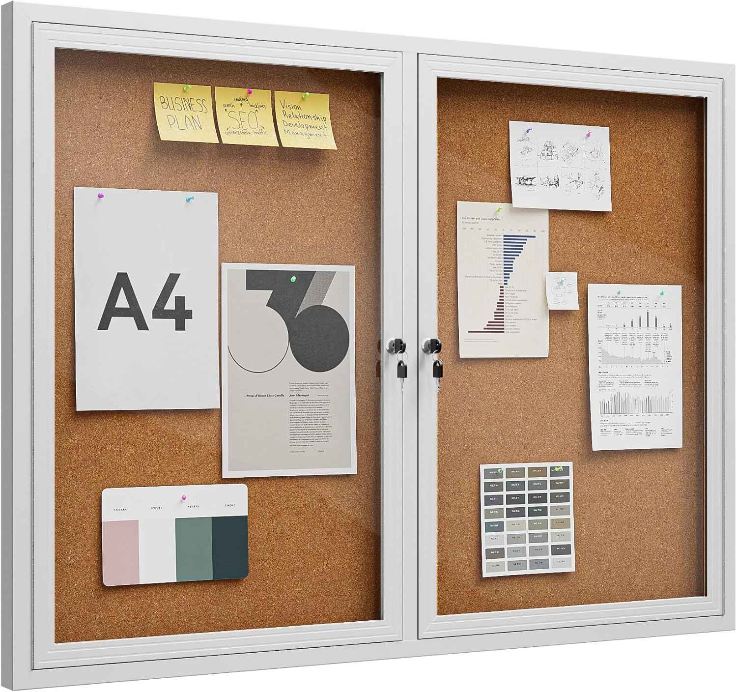 48"x36" Lockable Enclosed Bulletin Board, Outdoor Cork Weather-Resistant Aluminum Frame Notice Board, Wall Mounted Display Case Acrylic Doors for School,Office,Silver Frame w/Cork