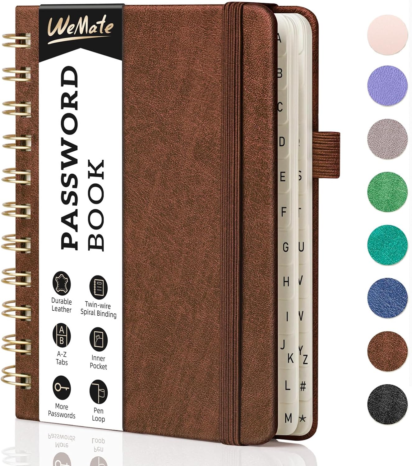 WEMATE Password Book with Alphabetical Tabs, Spiral Password Keeper Book for Seniors, Internet Password Notebook Password Journal Logbook Log in Detail, Small – 4.7''x 6'' (Brown)
