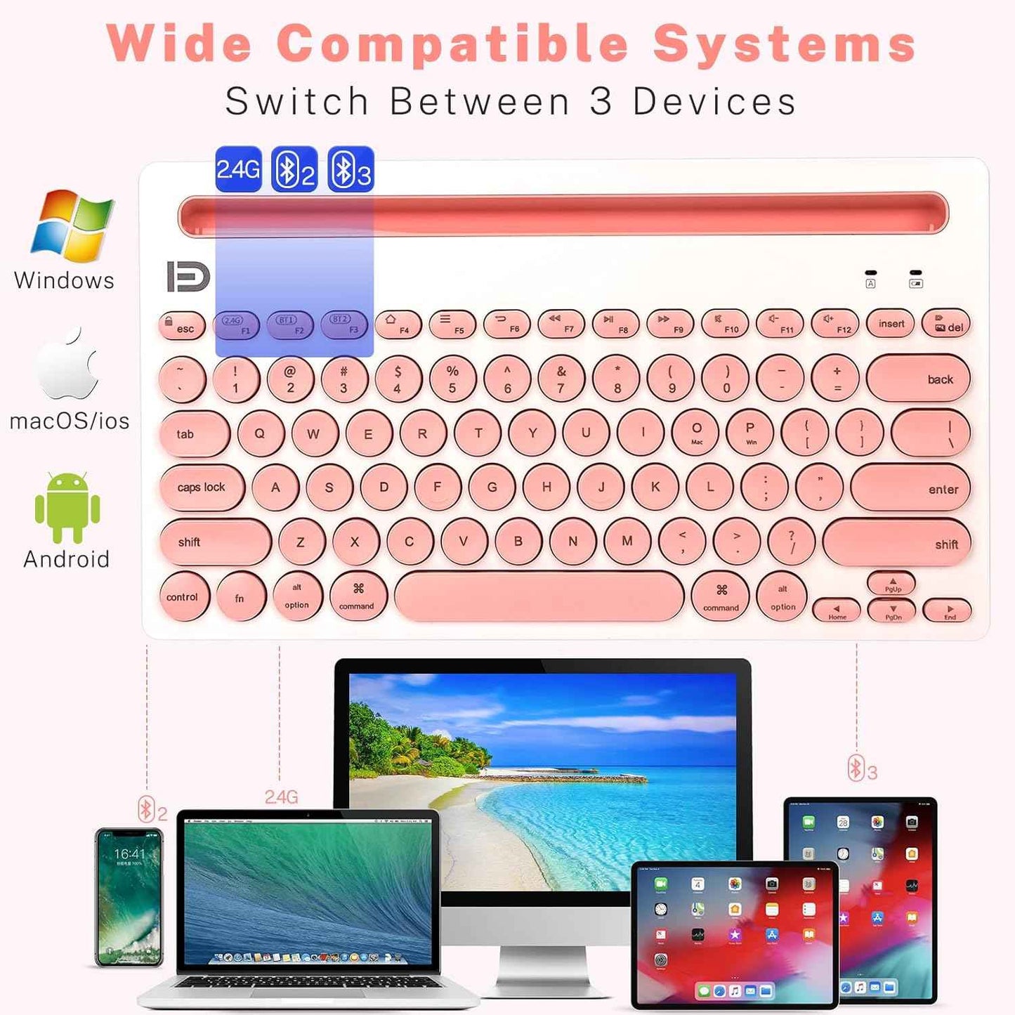 Dual Channel Multi-Device Universal Cute Wireless Bluetooth Keyboard Portable Slim with 20m Connection Distance for Tablet Smart Phone PC Windows Android iOS Mac (Pink)