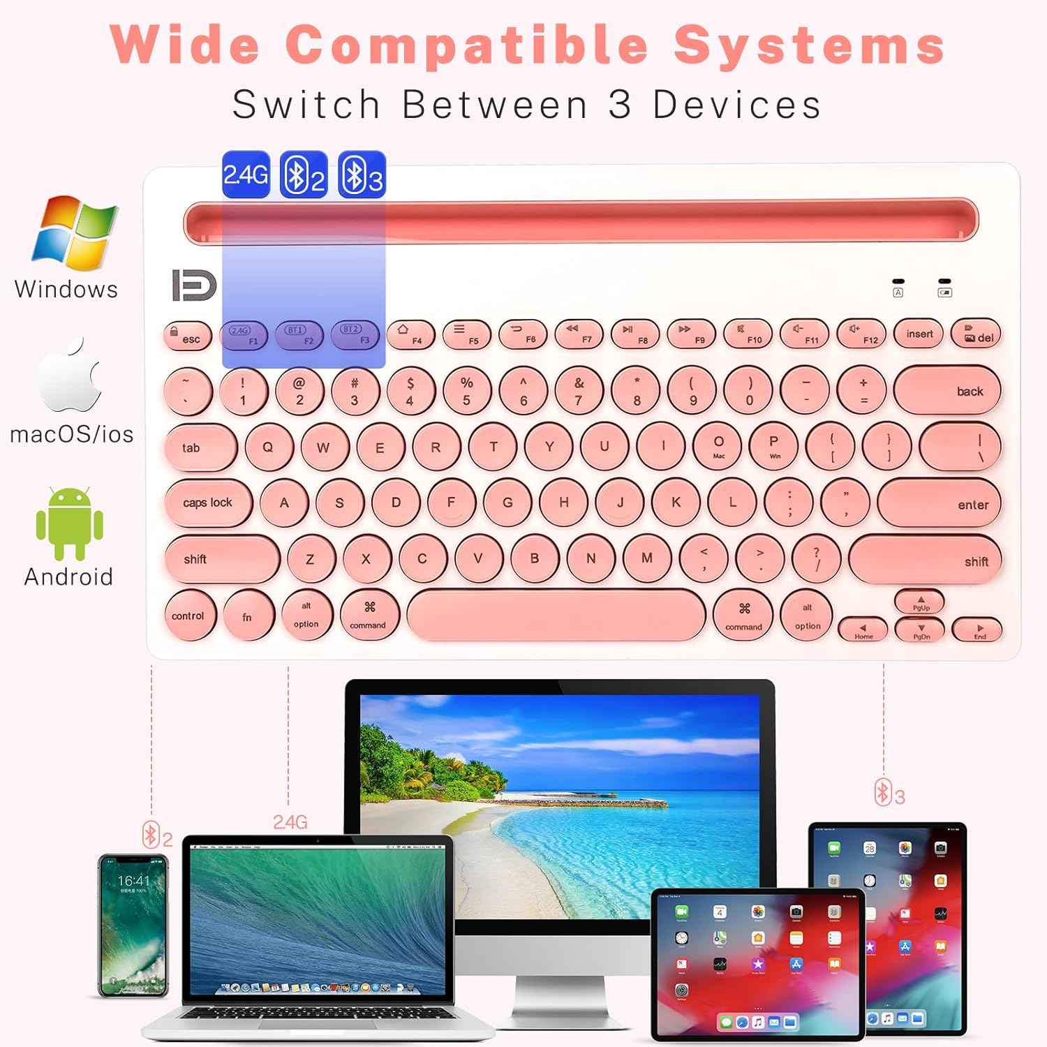Dual Channel Multi-Device Universal Cute Wireless Bluetooth Keyboard Portable Slim with 20m Connection Distance for Tablet Smart Phone PC Windows Android iOS Mac (Pink)