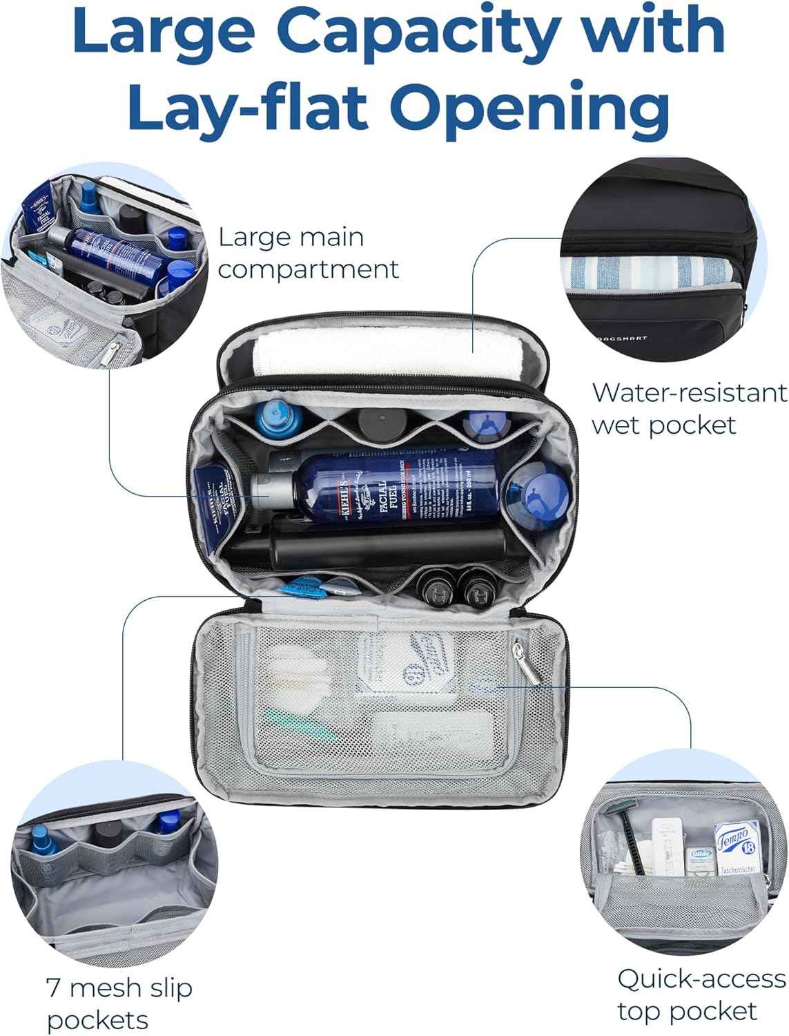 BAGSMART Toiletry Bag for Men, Wide Opening Travel Bag for Toiletries, Dopp Kit Water Resistant Shaving Hygiene Bag for Bathroom Shower, Toiletries Accessories,Travel Essentials-Gray