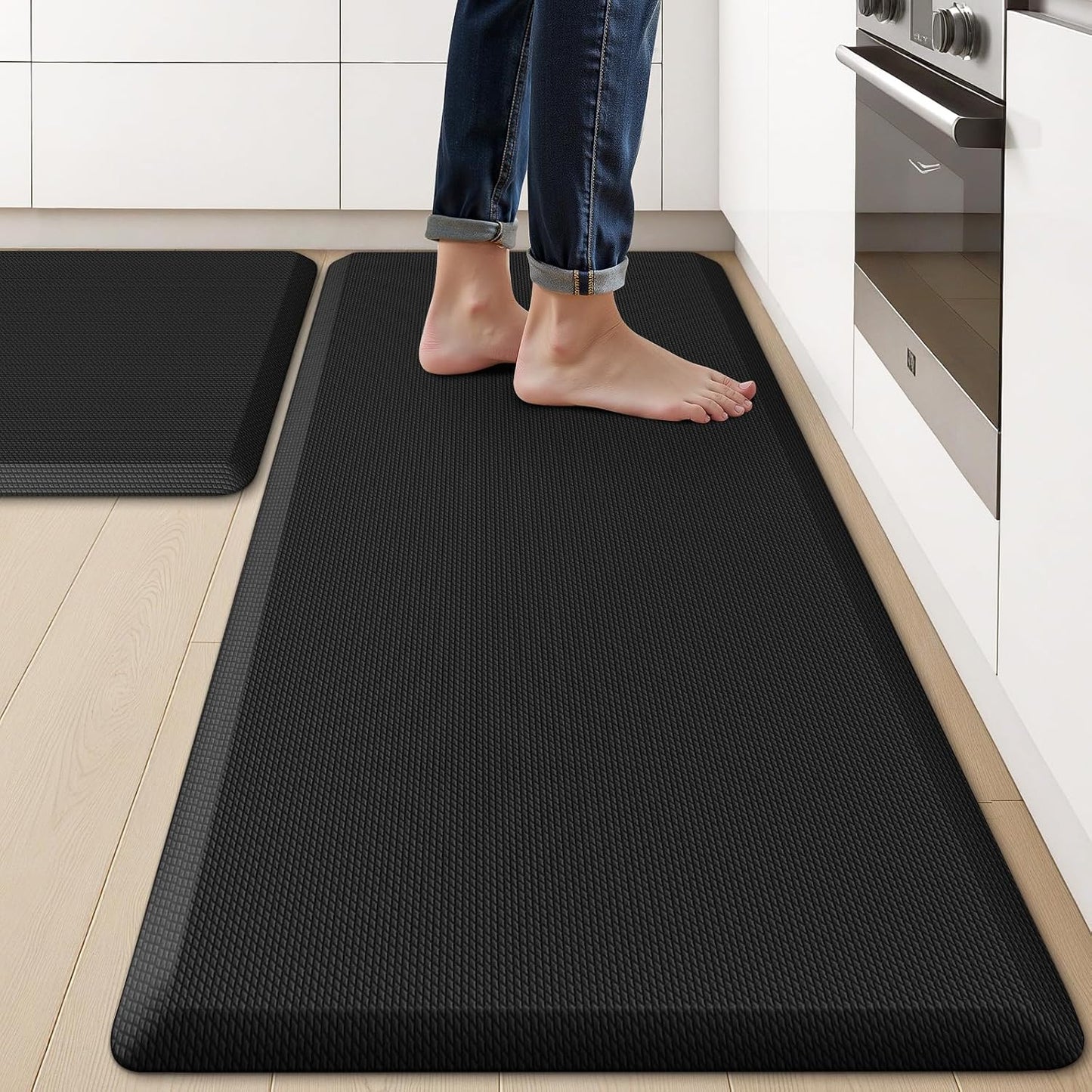 KitchenClouds 2PCS Kitchen Rugs Cushioned Anti-Fatigue Non-Slip Waterproof Kitchen Mat Comfort Foam Standing Mat for Floor Office Sink Laundry (Black) - Lumora Desk