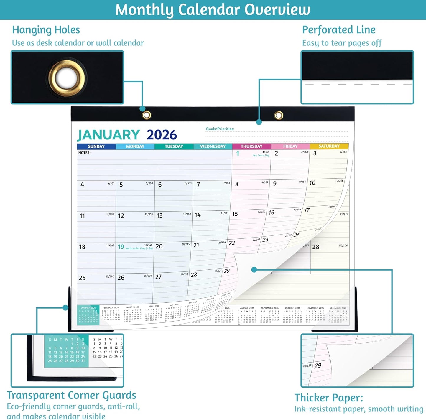 2026 Desk Calendar – Jan 2026 – Dec 2026, 12 Monthly Calendar, Large Desk Calendar 2026, 14.6’’ x 11.5’’, Best Desk/Wall Calendar with To-do Lists, Desk Pad, Ruled Blocks, Corner Protectors
