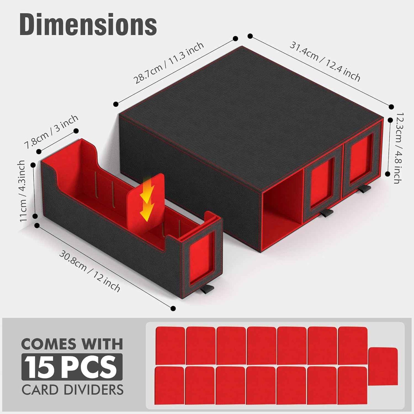 Trading Card Storage Box, 3-Row Slide-Pull Card Case with Stackable Design & 15 Dividers, Commander Display Card Organizer Holder for MTG, Pkmn, YuGiOh, TCG and Sports Cards, Holds 2500+ Cards (Red)