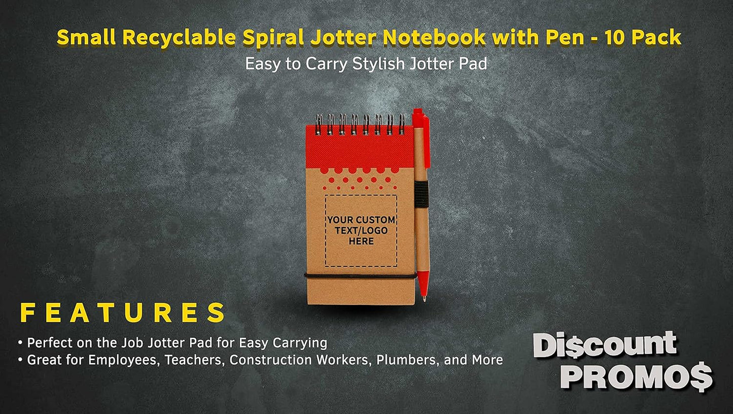 DISCOUNT PROMOS 10 Recyclable Spiral Small Notebooks Pack - Customizable Text, Logo - 60 Lined Pages - Red