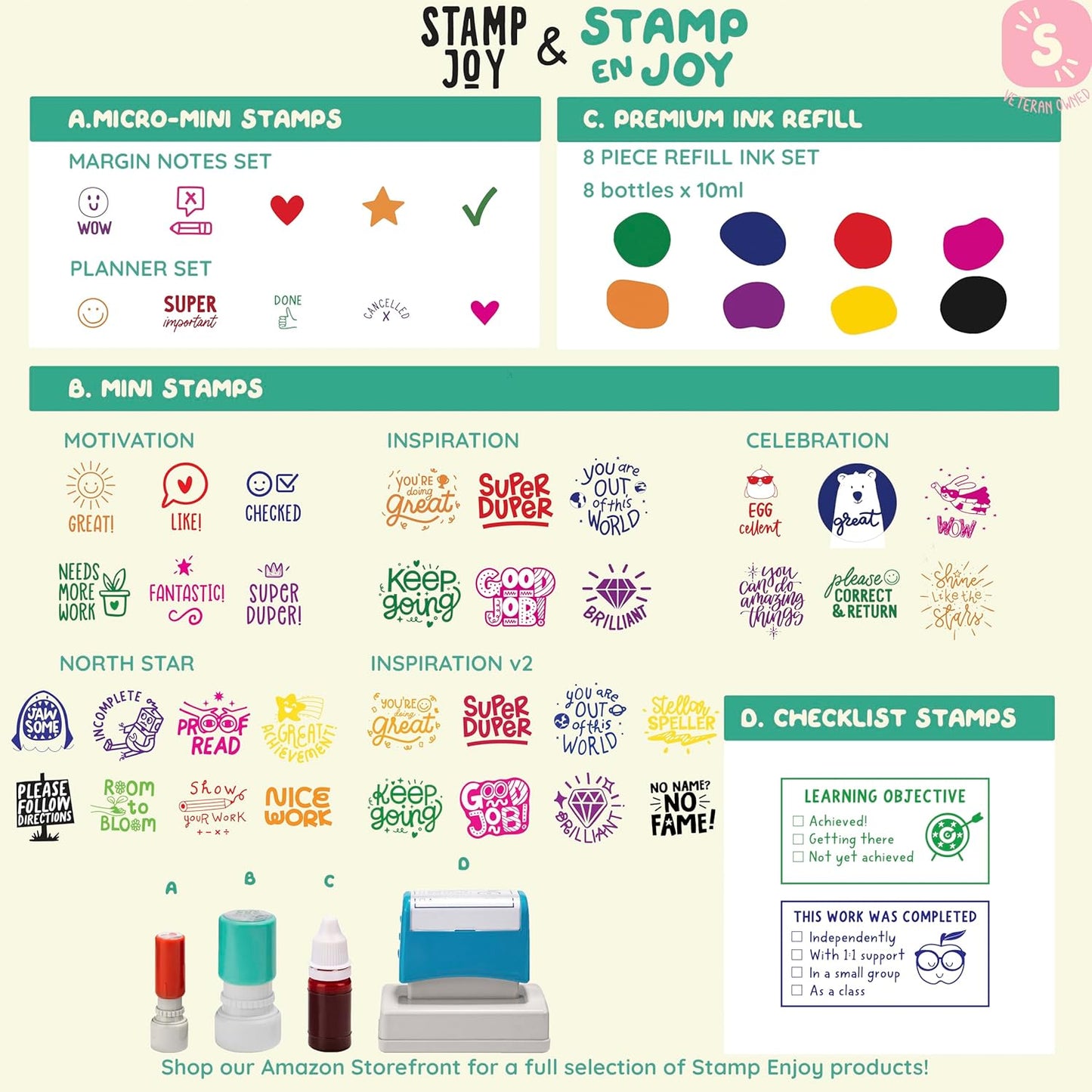 2 Self-Ink Flash Stamp Set, Multicolor Teacher Stamps for Classroom, Stamps for Teachers, Pre-Inked, Refillable Stamps