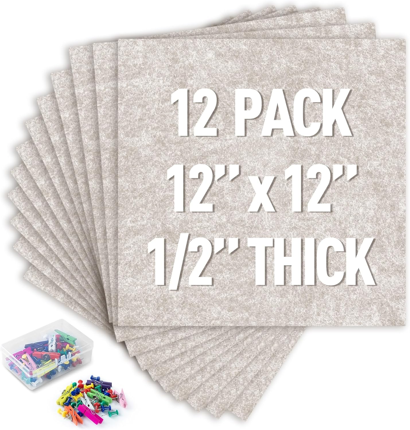 AKTOP Cork Bulletin Board 12x12, 1/2" Thick Felt Cork Board Tiles 12 Pack, Small Square Pin Board for Wall, Self Adhesive Corkboards with 120 Push Pin Wood Clips for School, Home & Office, Latte - Lumora Desk