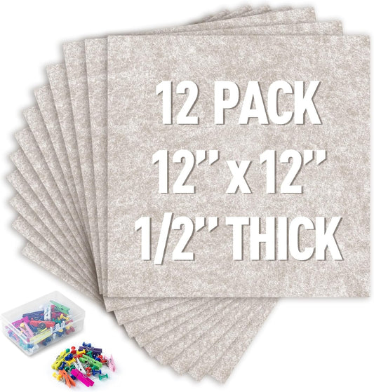 AKTOP Cork Bulletin Board 12x12, 1/2" Thick Felt Cork Board Tiles 12 Pack, Small Square Pin Board for Wall, Self Adhesive Corkboards with 120 Push Pin Wood Clips for School, Home & Office, Latte - Lumora Desk