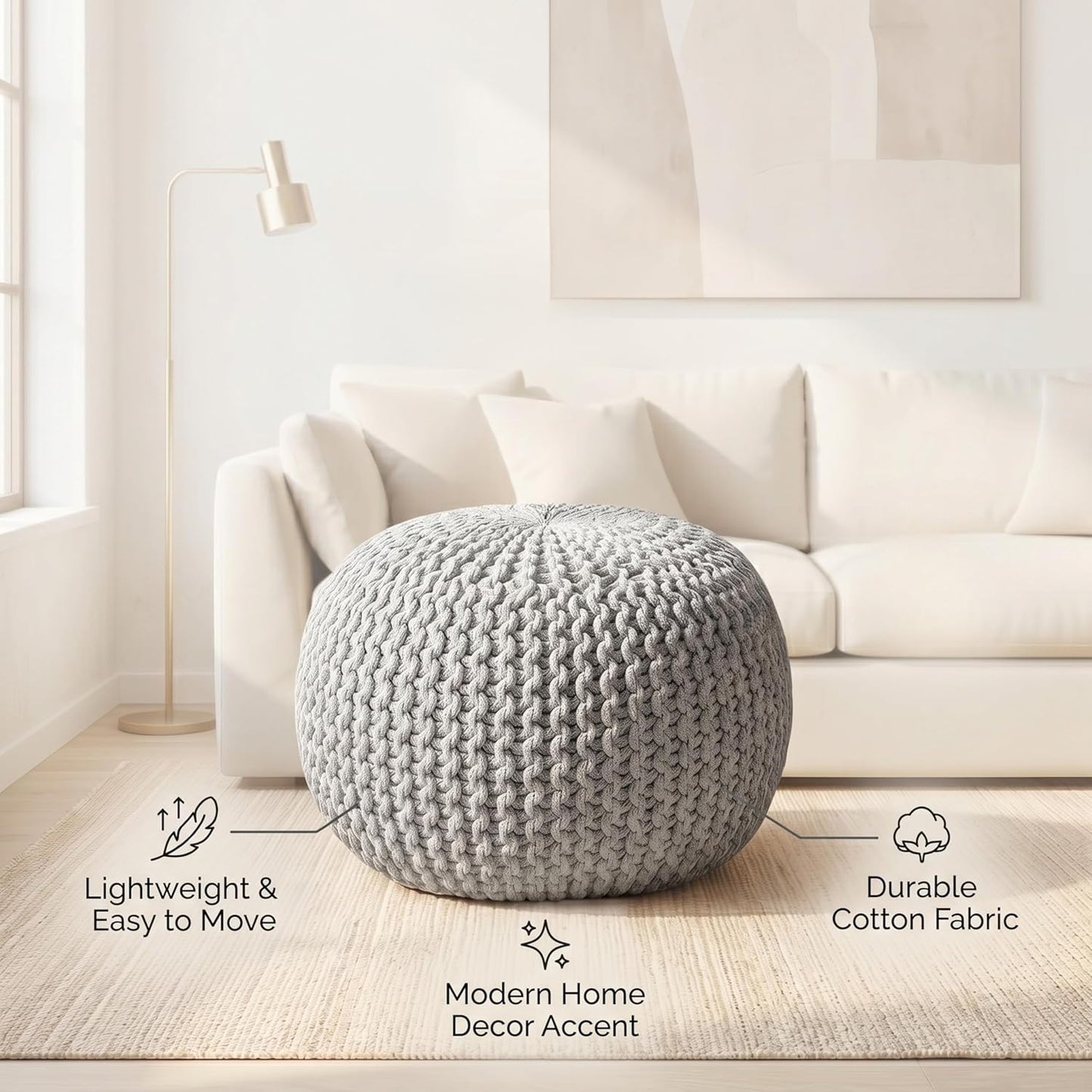 Palisa Grey Pouf Ottoman 20x20x14 Inches | Knitted Round Pouffe for Extra Sitting | Multipurpose Accent Seating for Living Room and Bedroom