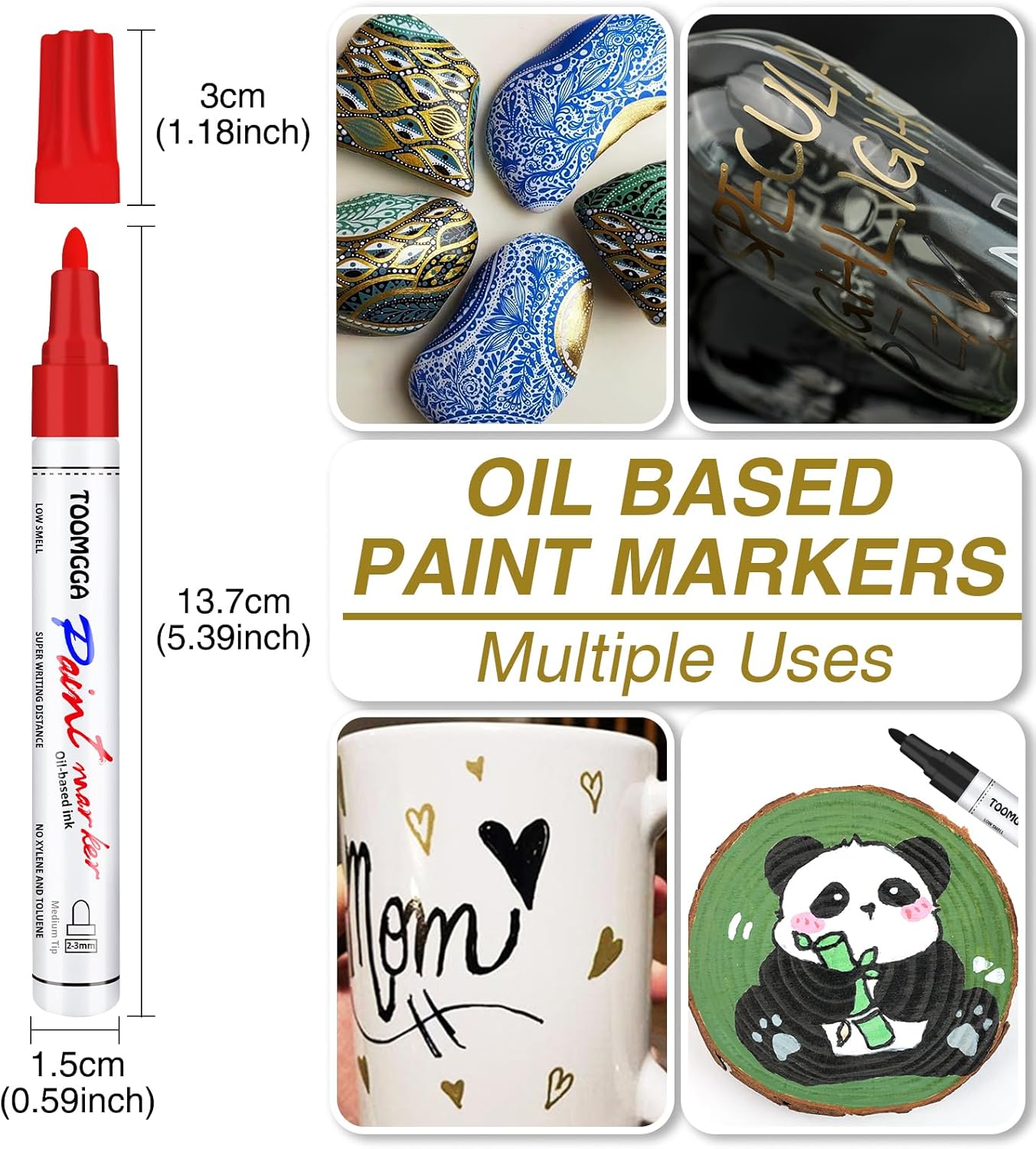 White and Black Permanent Markers Paint Pens - 6 Pack Oil Based Paint Markers, Medium Tip, Quick Drying Pens for Wood, Metal, Rock Painting, Mugs, Canvas, Clothes, Plastic Marking