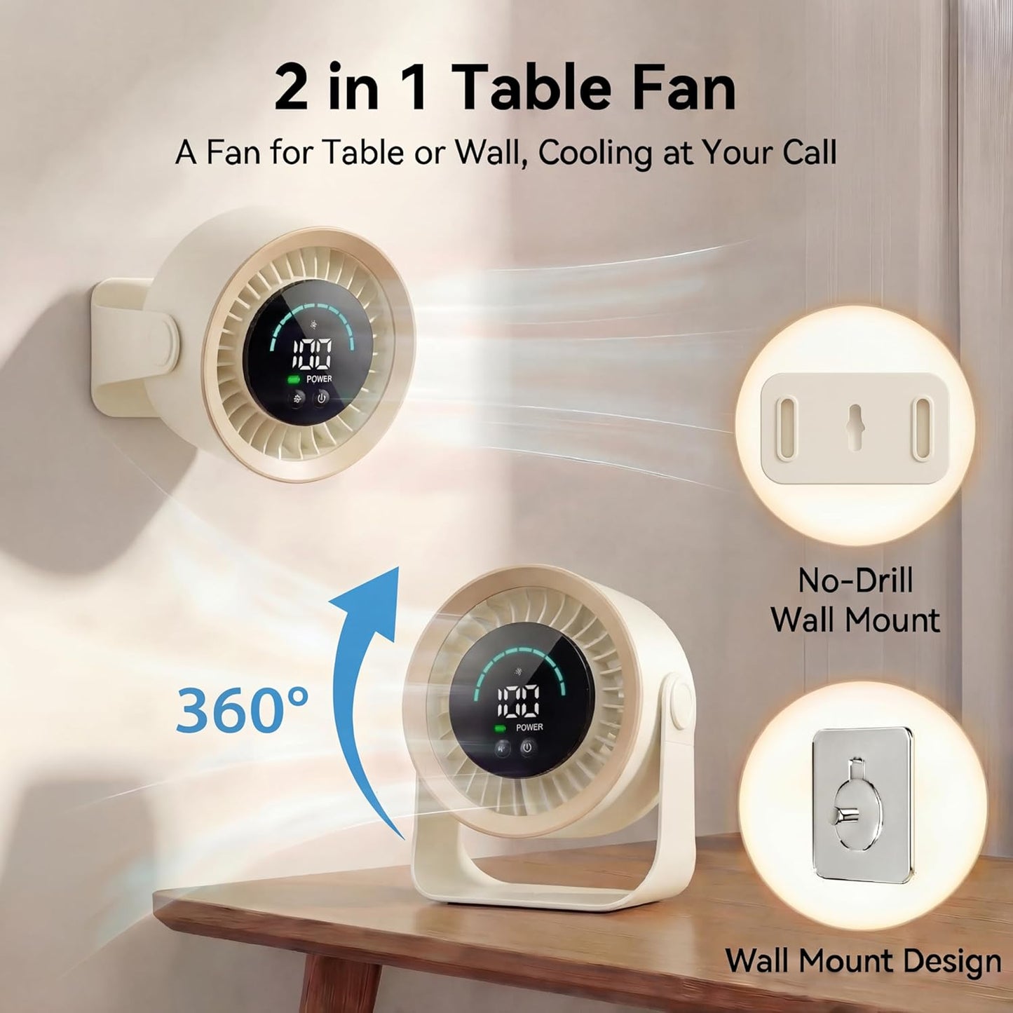 Mini Desk Fan, Small USB Rechargeable Quiet Desktop Fan, Cooling Table Electric Fan with LED Digital Display, 360°Adjustable Tilt for Bedroom, Office & Home (Khaki)