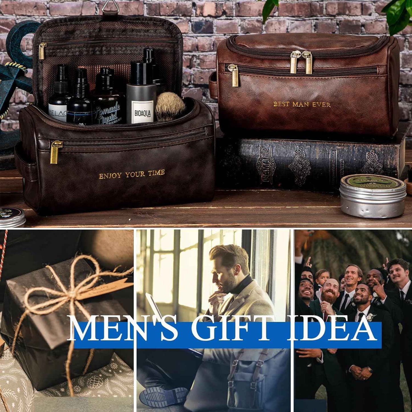 Mens Toiletry Travel Bag Groomsmen Father Dad Mens Leather Toiletries Grooming Bag for Men Shaving Bag Hanging Water Resistant Organizer (Brown)