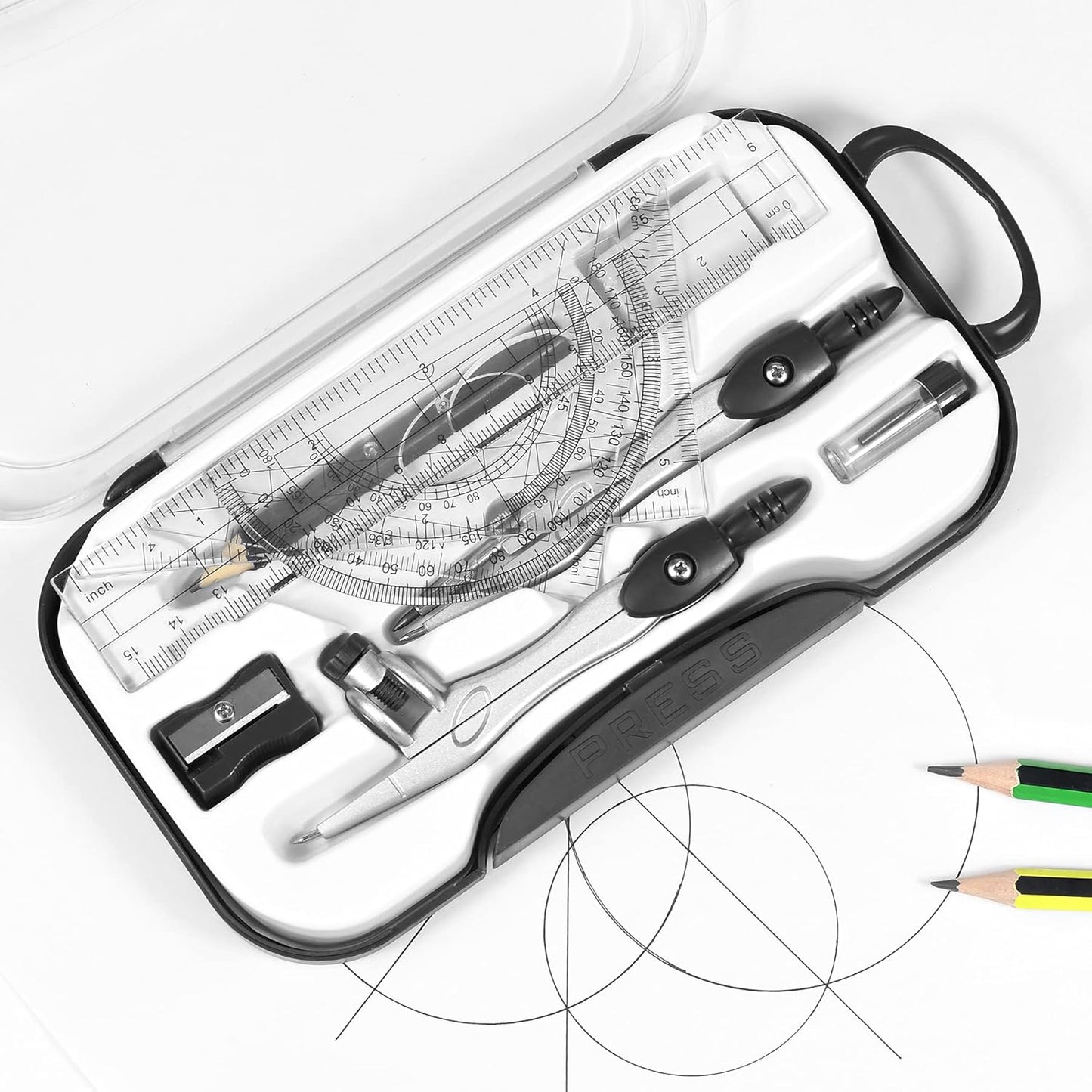 Math Geometry Kit Sets 10 Piece Student Supplies with Shatterproof Storage Box,Includes Rulers,Protractor,Compass,Eraser,Pencil Sharpener,Lead Refills,Pencil,for Drafting and Drawings（Black）