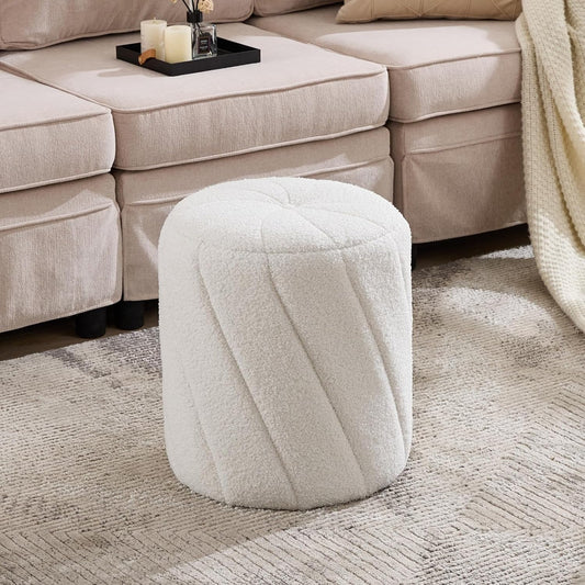Modern Round Ottoman, Spiral-Tufted Foot Stool Ottoman, Teddy Fleece Upholstered Vanity Stool for Makeup, Bedroom, Living Room, White