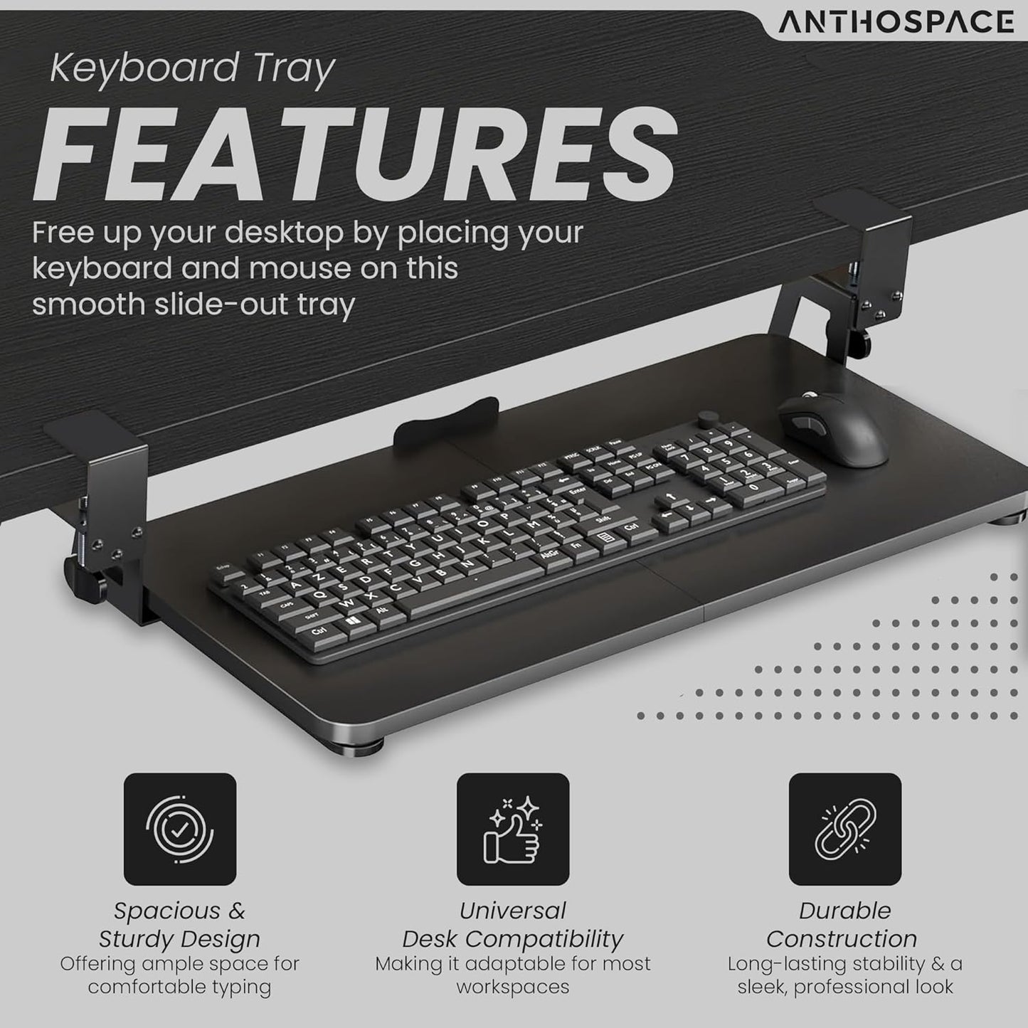 Under Desk Keyboard Tray Slide Out, Clamp On Pull Out Drawer with Mouse Space, Fits Desks 10–50mm Thick, 25 x 9.8 Inch Ergonomic Keyboard Holder for Comfortable Typing at Home or Office
