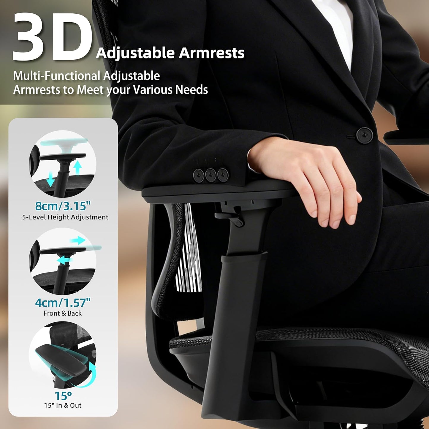 Ergonomic Office Chair with Footrest, Big and Tall Office Chair 4-Level Adjustable Lumbar Support - 155° Tilt Lock and Wide Cushion - 3D Headrest & Armrests, High Back Home Desk Chair(Black)