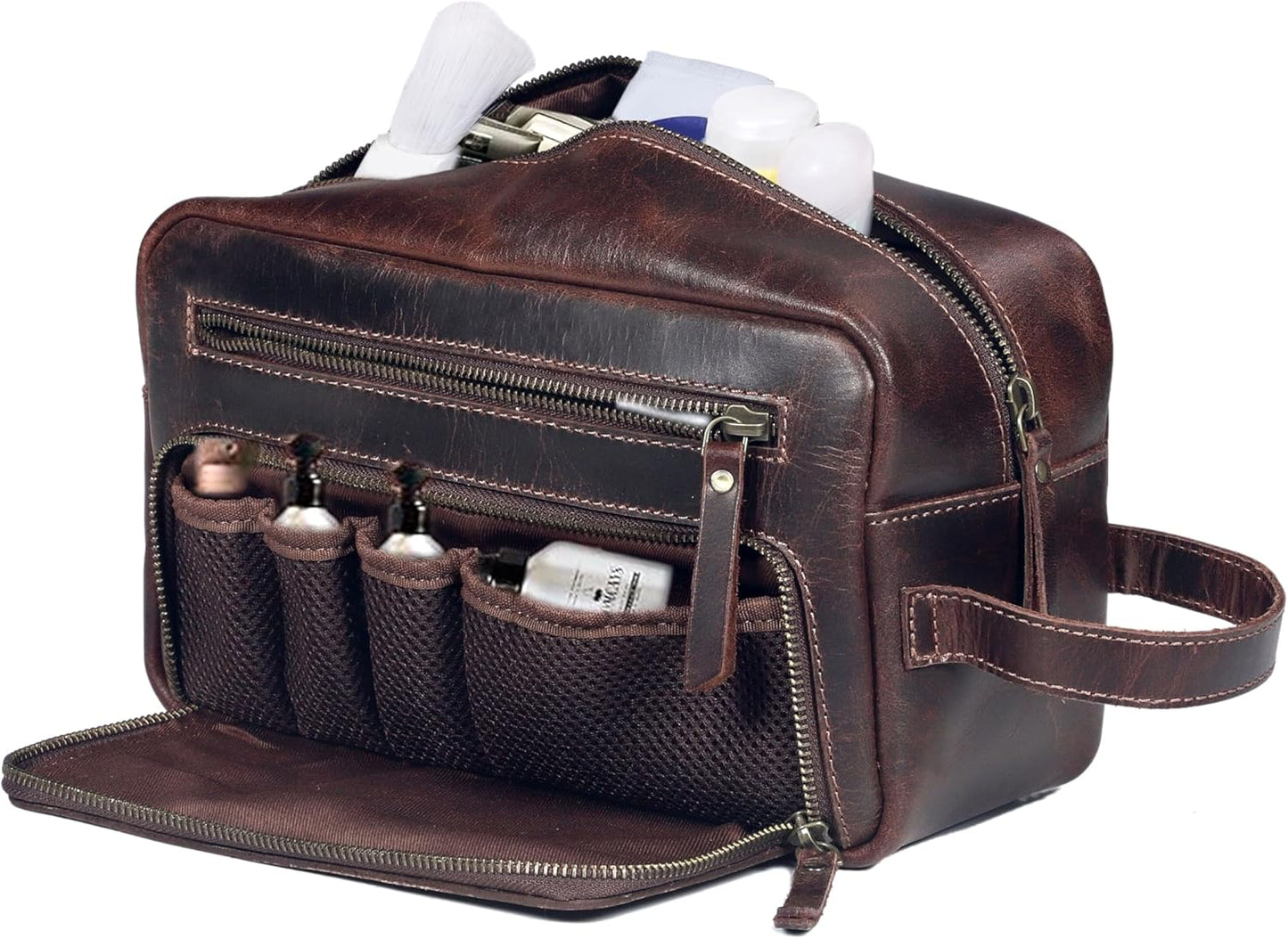 Leather Toiletry Bag for Women, Cosmetic Bag, Dopp Kit, Dark Brown, 10 x 4 x 5.5 Inch, Premium Vintage