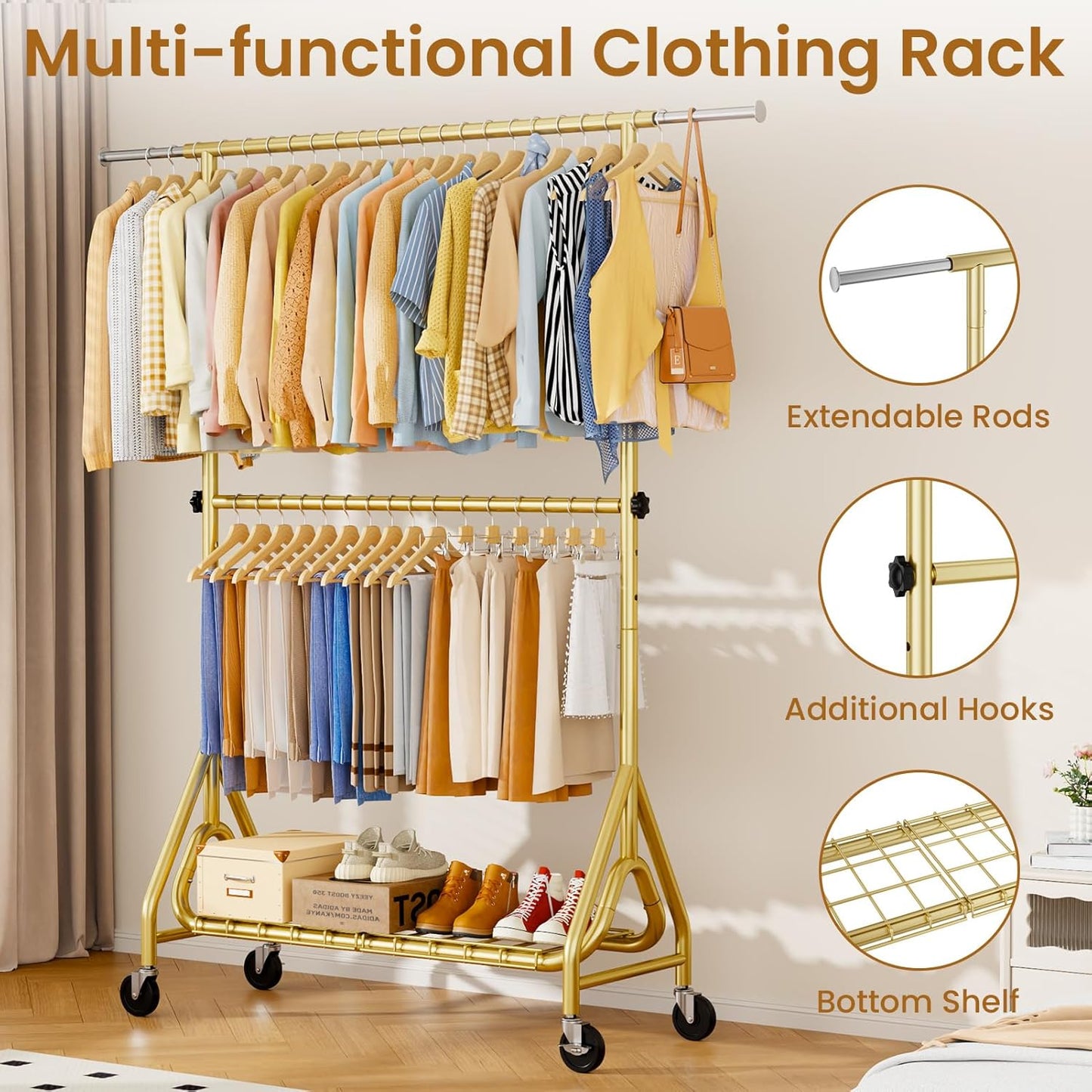 Double Rods Clothing Rack, Heavy Duty Clothes Rack for Hanging Clothes Load 560LBS, Metal Rolling Garment Racks with Wheels, Freestanding Clothes Hanging Racks, Gold - Lumora Desk