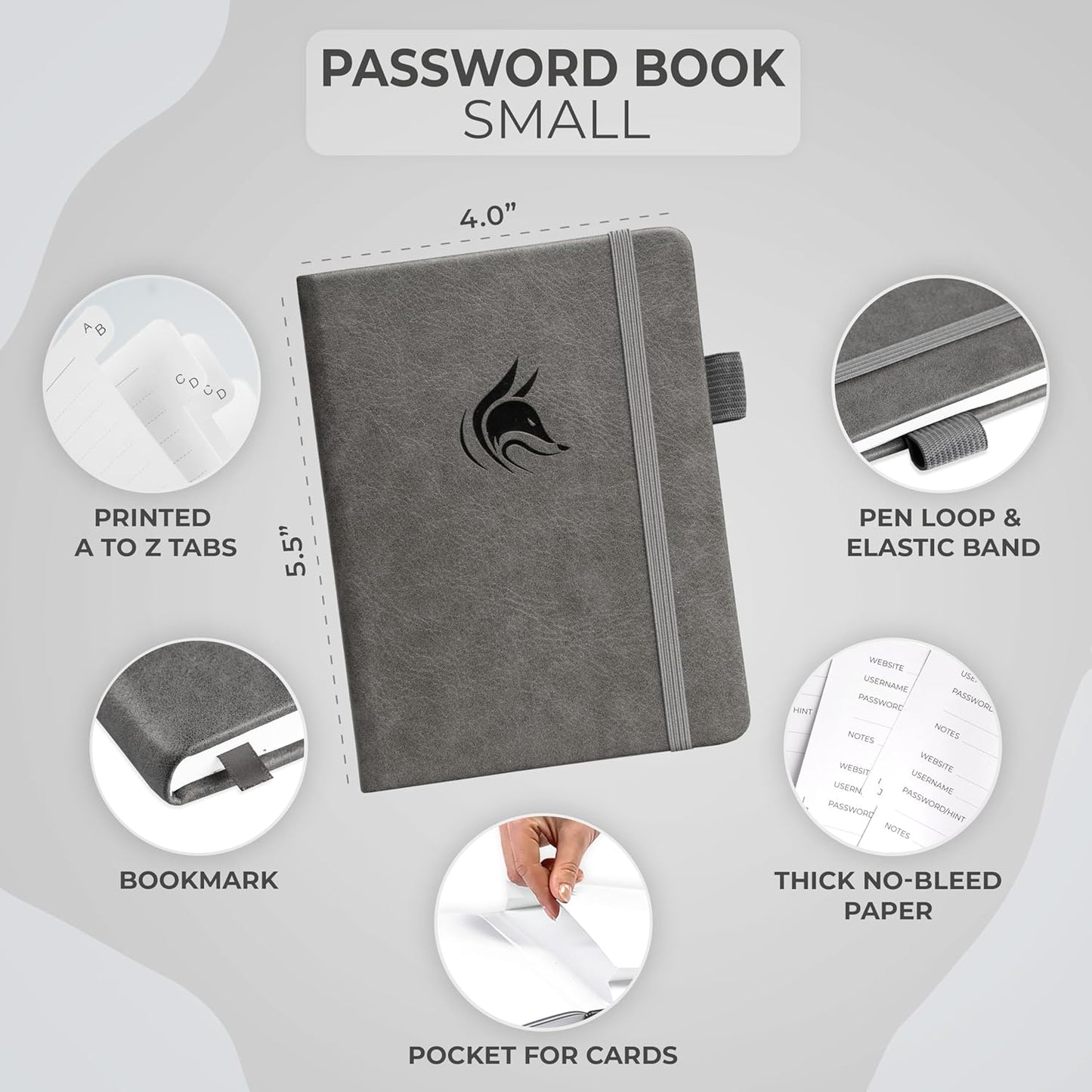 Clever Fox Password Book with alphabetical tabs. Internet Address Organizer Logbook. Small Pocket Password Keeper for Website Logins (Gray)