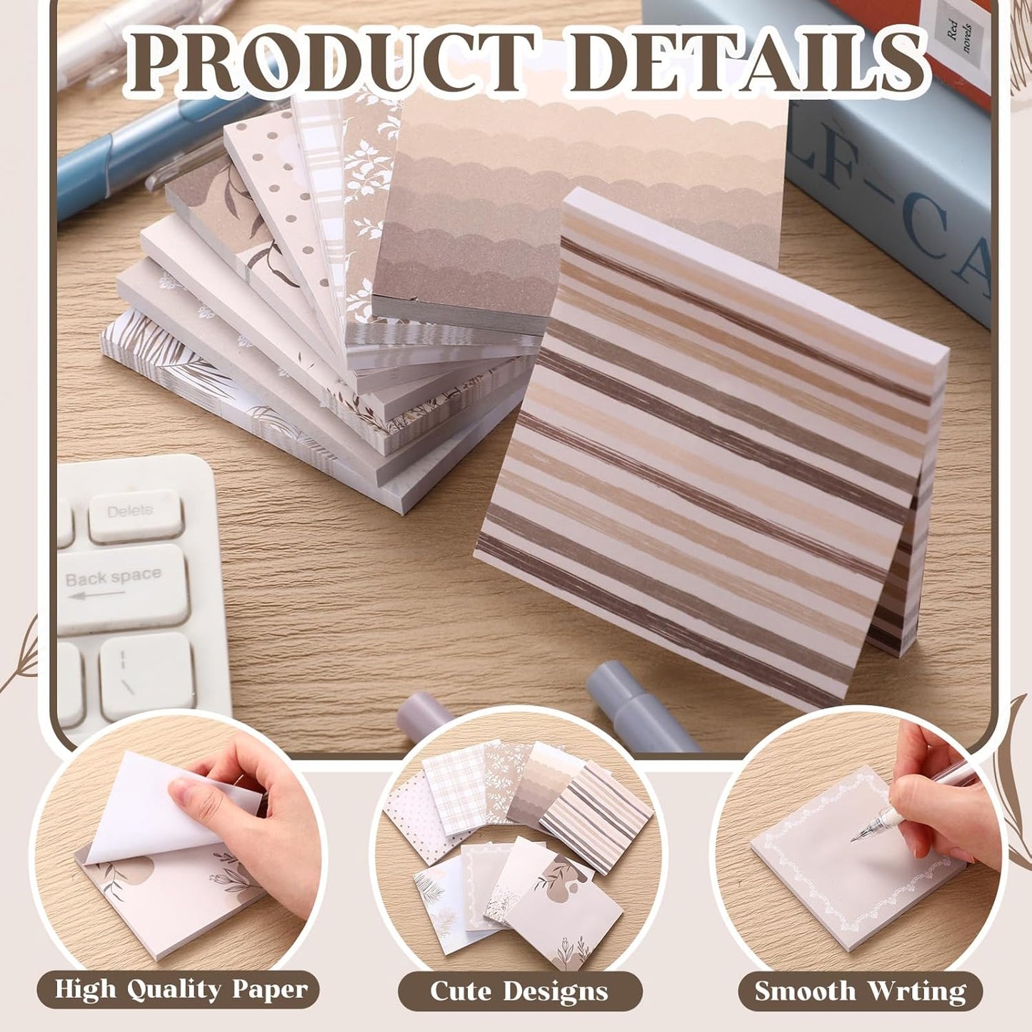 9 Pcs Aesthetic Sticky Notes Cute Pastel Self Stick Notepads Easy to Post Desk Supplies for Home Office Decor School Accessories Women Birthday Coworker Gifts (Brown)