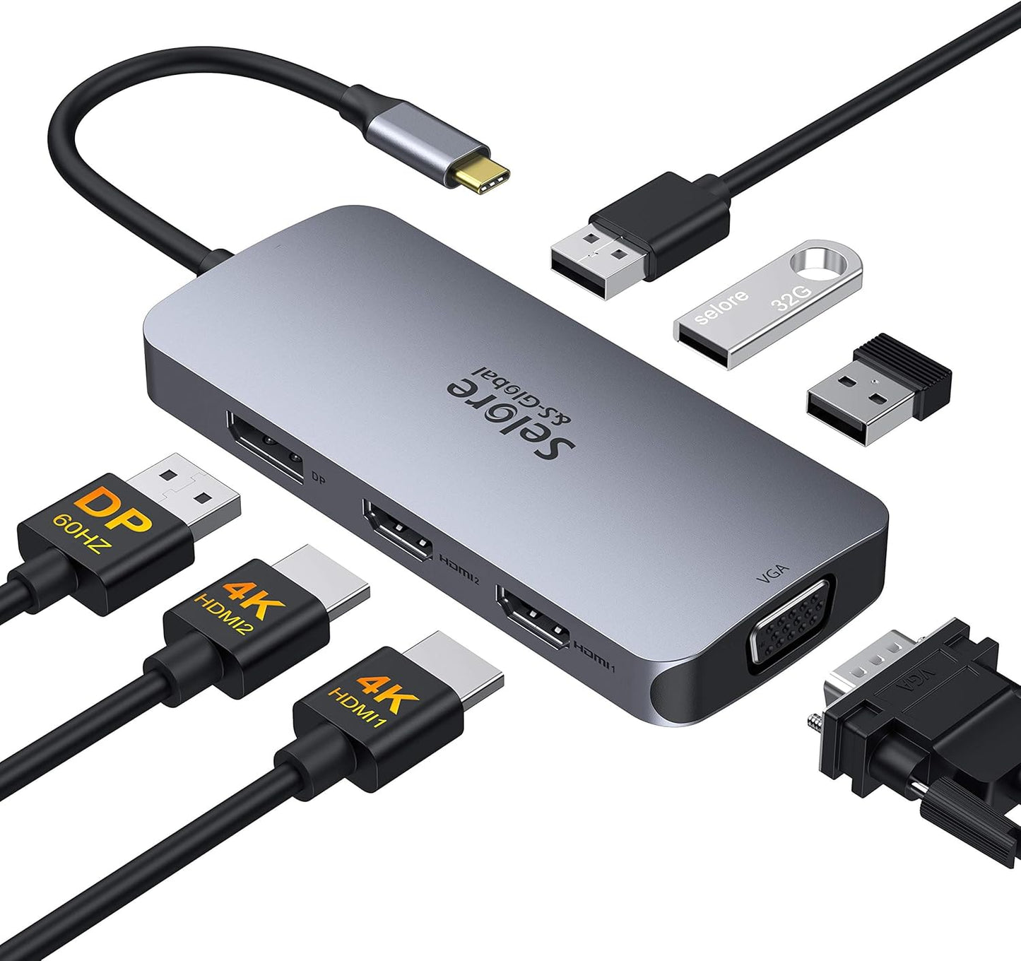 USB C to Dual HDMI Adapter,7 in 1 USB C Docking Station to Dual HDMI Displayport VGA,USB to 3USB 2.0, Multi Monitor Adapter for Dell XPS 13 15,Lenovo Yoga,Huawei Matebook X pro,etc