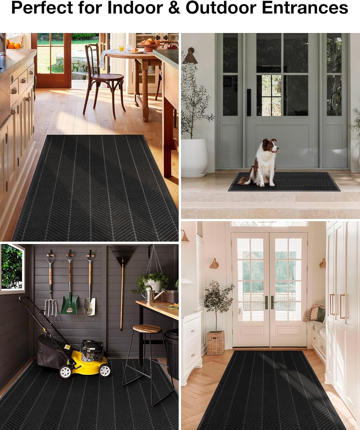 3′ x 10′ Front Door Mat Indoor Outdoor Entrance, Heavy Duty Non-Slip All Weather Commercial Floor Mat for Entryway, Trap Dirt Waterproof Vinyl Welcome Mat for High Traffic Area (Black)