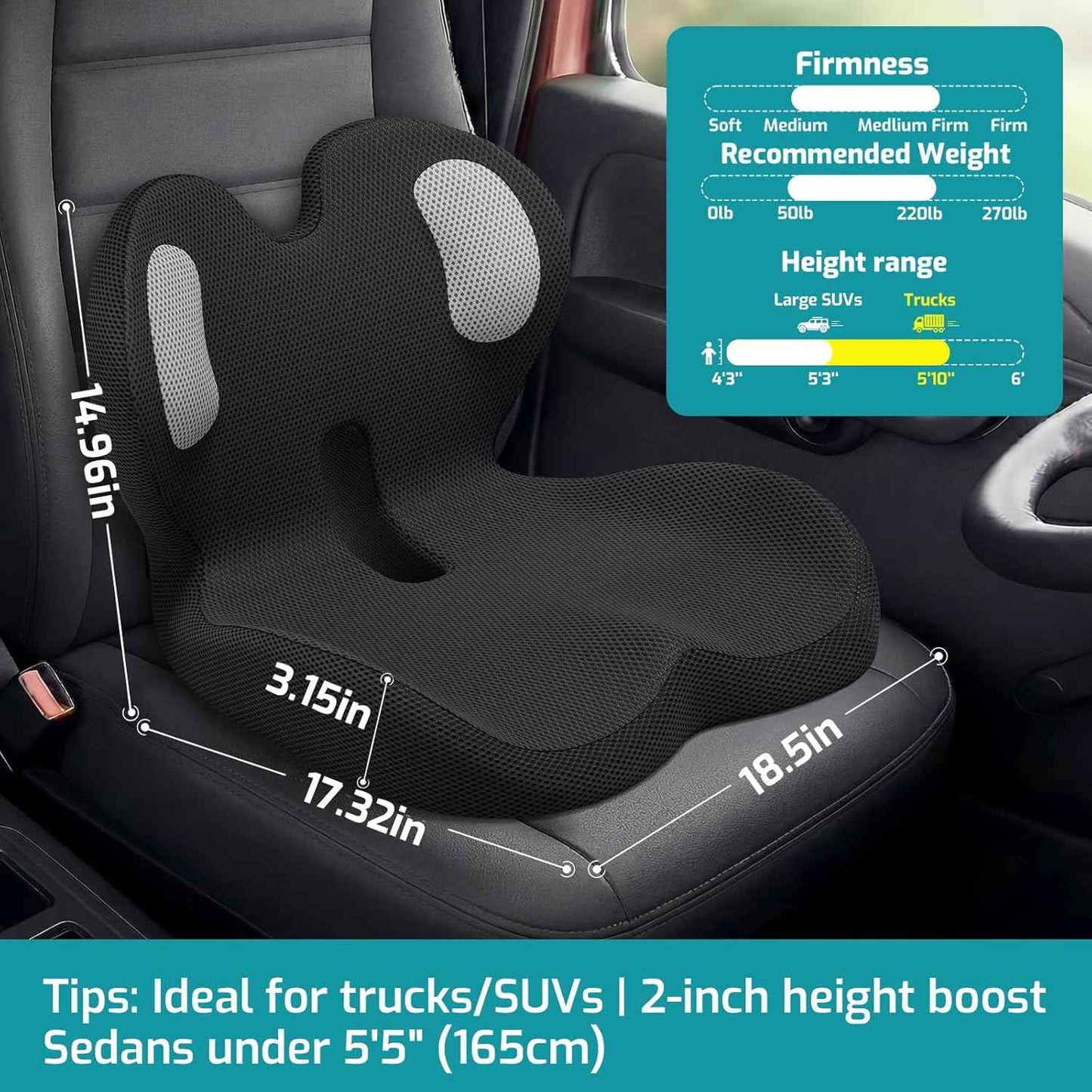 Trucker Seat Cushion, Car Seat Cushions with Lumbar Support Pillow, Ergonomic L-Shaped Orthopedic Memory Foam Pad for Long Driving Back Pain Sciatica Relief, Drivers Office Workers (Black+Mesh Cloth)