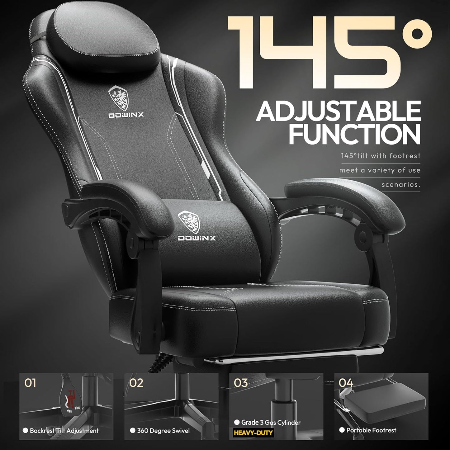 Dowinx Gaming Chair with Pocket Spring Cushion, Ergonomic Computer Chair with Massage Lumbar and Footrest for Adults, High Back Game Chair Leather for Office Gaming 300LBS, Black