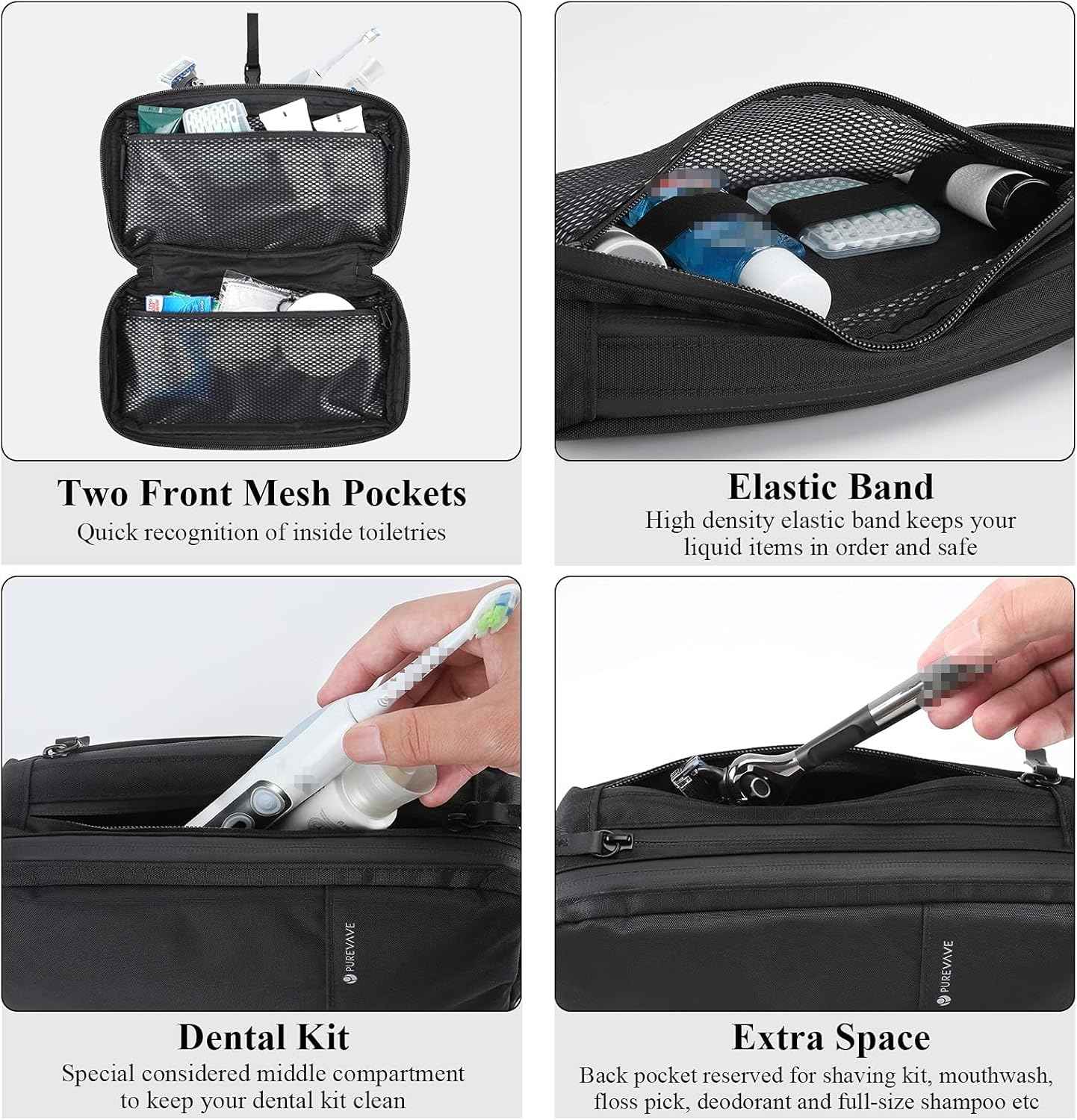 Purevave Compact Mens Toiletry Travel Bag Hanging, Mens Dopp Kit for Travel Waterproof, Wash Pouch Black