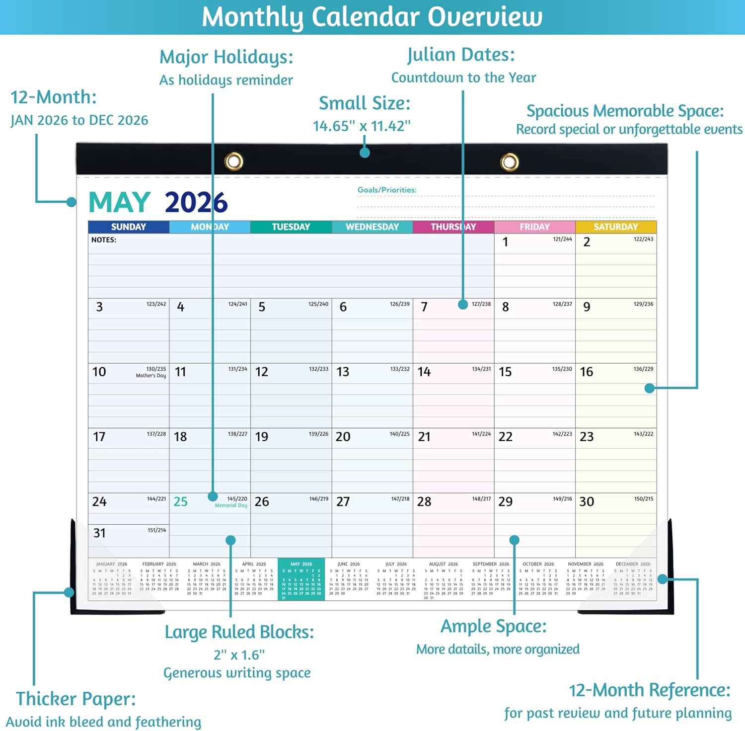 2026 Desk Calendar – Jan 2026 – Dec 2026, 12 Monthly Calendar, Large Desk Calendar 2026, 14.6’’ x 11.5’’, Best Desk/Wall Calendar with To-do Lists, Desk Pad, Ruled Blocks, Corner Protectors