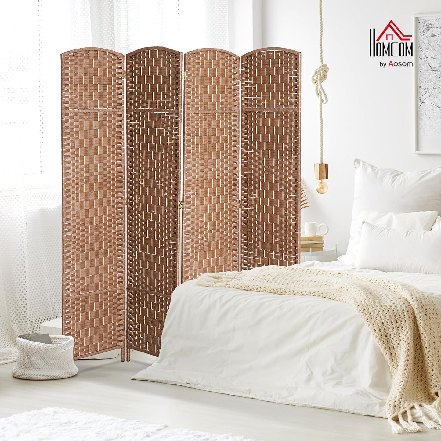 HOMCOM Room Divider 4 Panels Folding Privacy Screen 6FT Tall Portable Wicker Weave Partition Wall Divider for Bedroom Home Office, Natural Wood - Lumora Desk