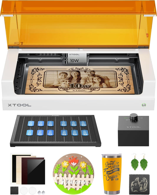 xTool S1 Laser Engraver and Cutter Machine with Air Assist & Honeycomb, 23.93" x 15.16" Bed Size, Beginner-friendly, Class 1 Safety Laser Engravering Machine for Wood and Metal, Acrylic - Basic Bundle