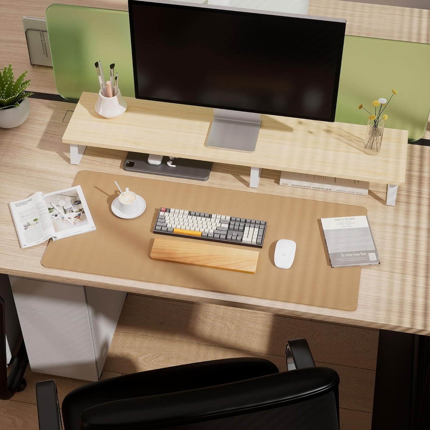 Aothia Dual-Sided Desk Pad - Leather Desk Mat, Natural Cork Desk Pad Protector, Large Mouse Pad for Desk, Waterproof Desk Blotter Pad, Desk Writing Pad for Office Work/Home, Apricot(25.6"x13.7")