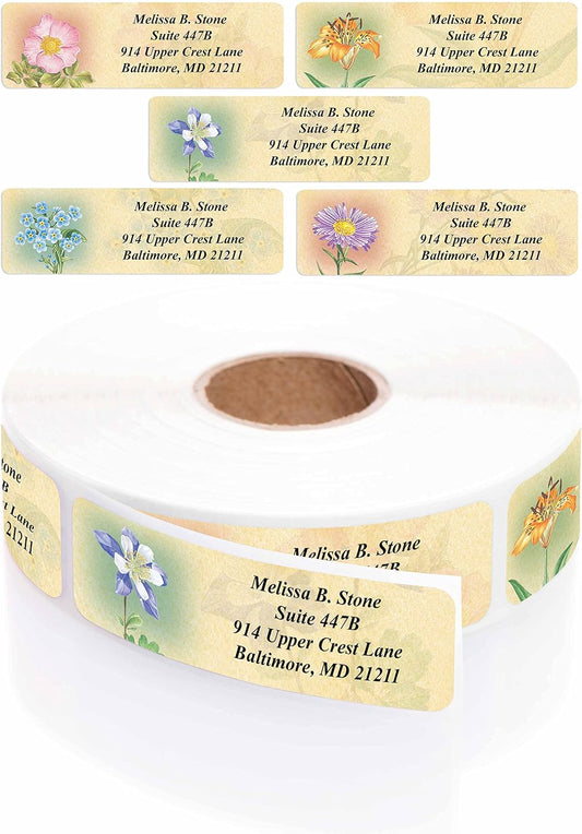 Antique Floral Designer Assorted Rolled Address Labels with Elegant Plastic Dispenser - Lumora Desk