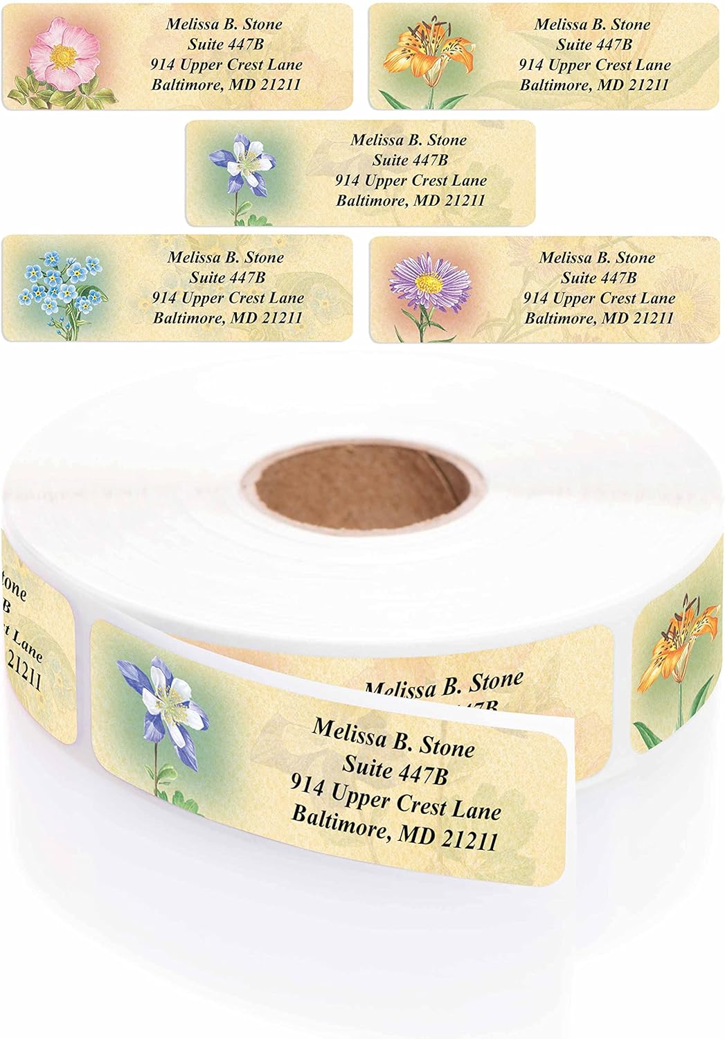 Antique Floral Designer Assorted Rolled Address Labels with Elegant Plastic Dispenser - Lumora Desk