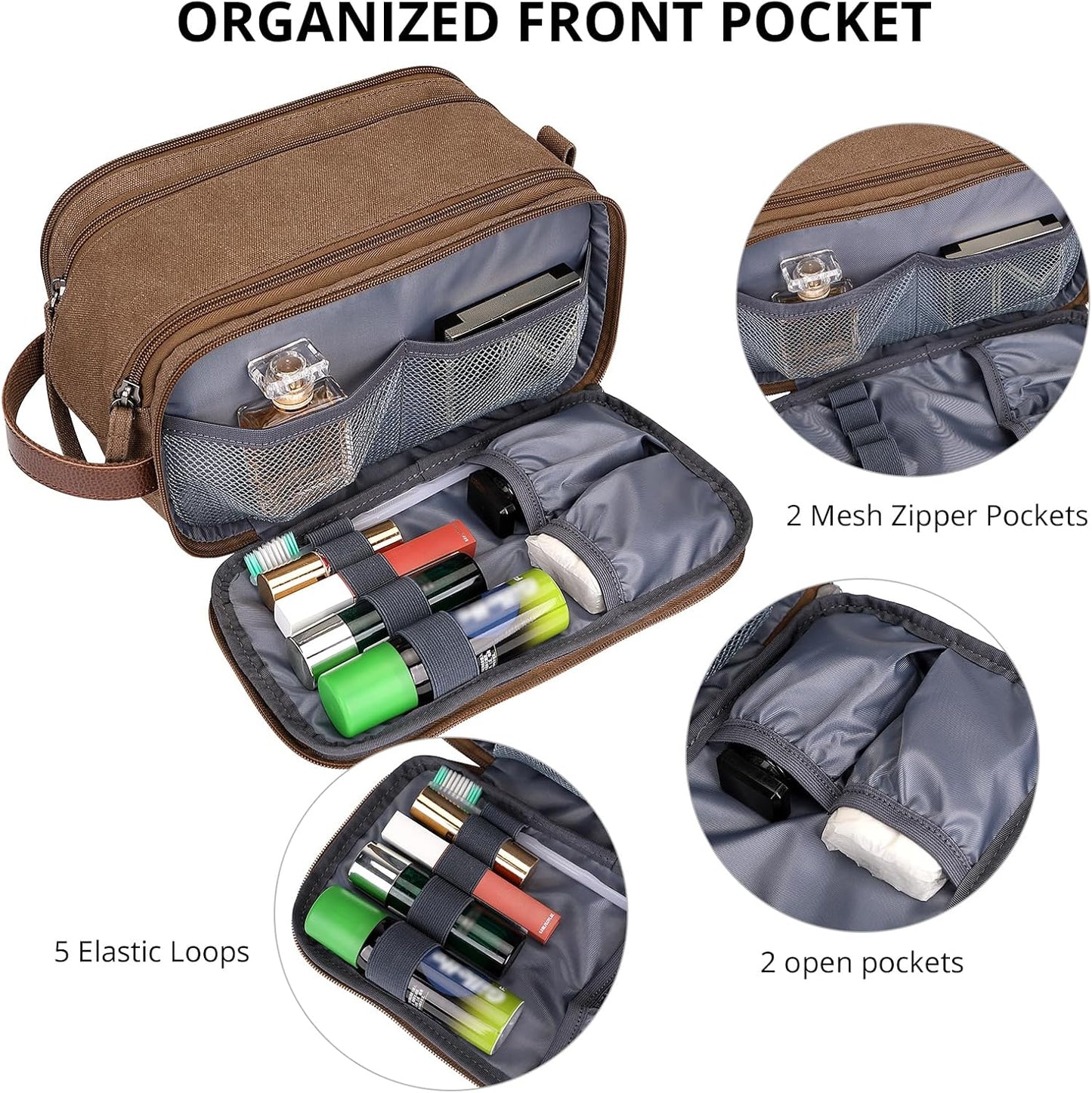 WITZMAN Canvas Toiletry Bag for Men Large Capacity Hanging Dopp kit for Men Leather Toiletries Water-resistant Bathroom Bag(A8002 Brown)